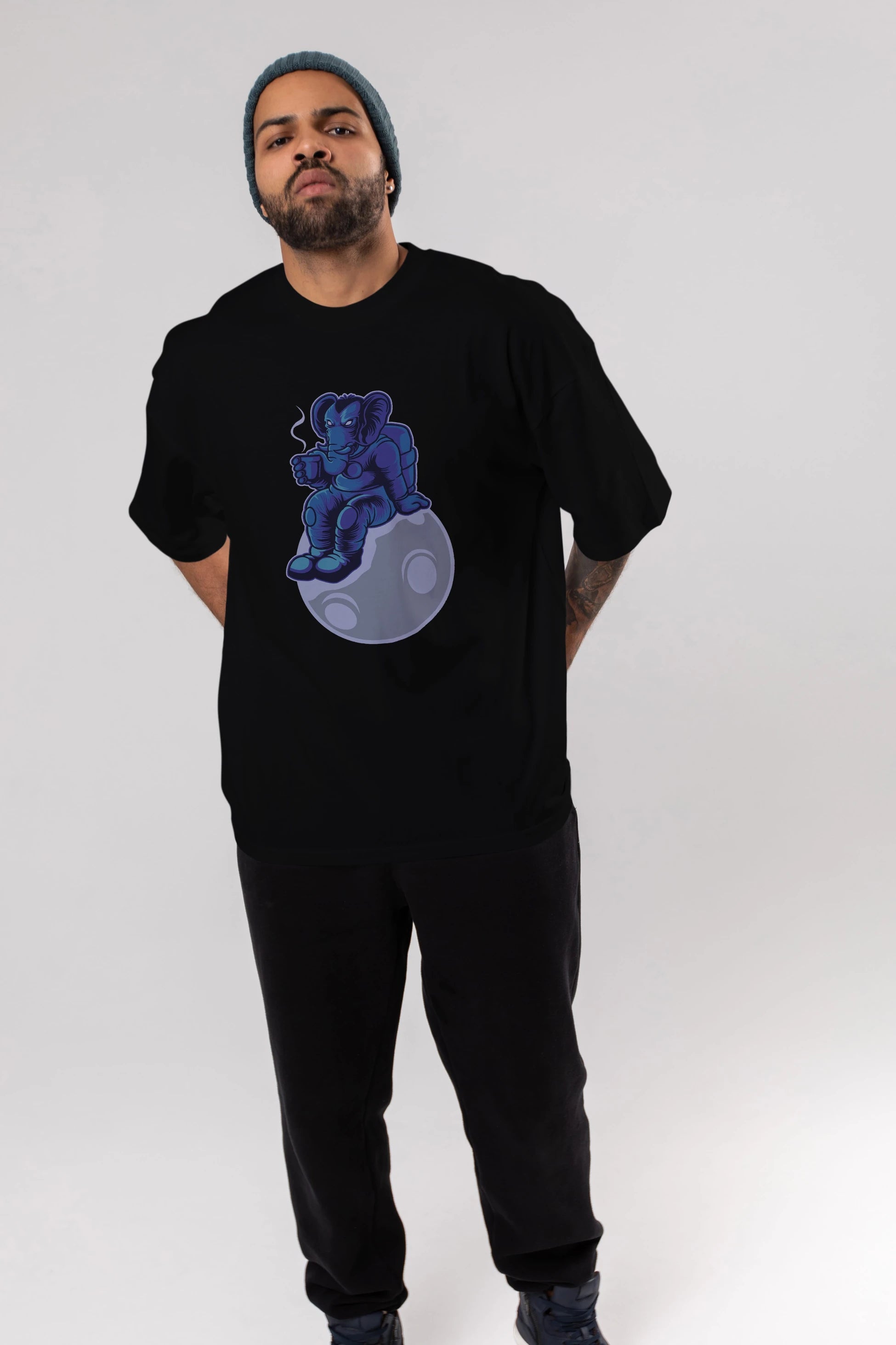 Space Elephant Drink Coffee Ön Baskılı Oversize t-shirt Erkek Kadın Unisex