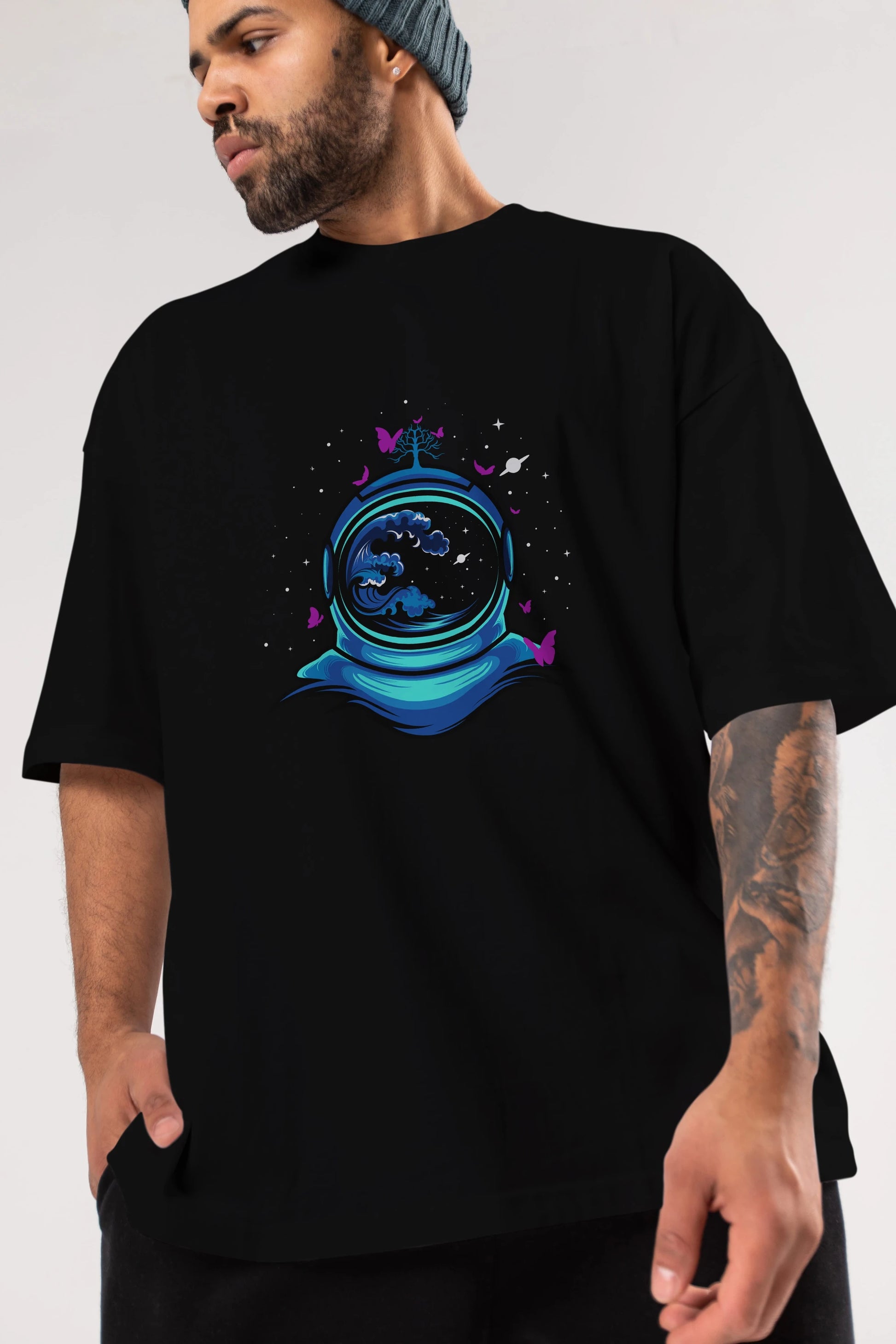 Astronaut and Butterfly Ön Baskılı Oversize t-shirt Erkek Kadın Unisex