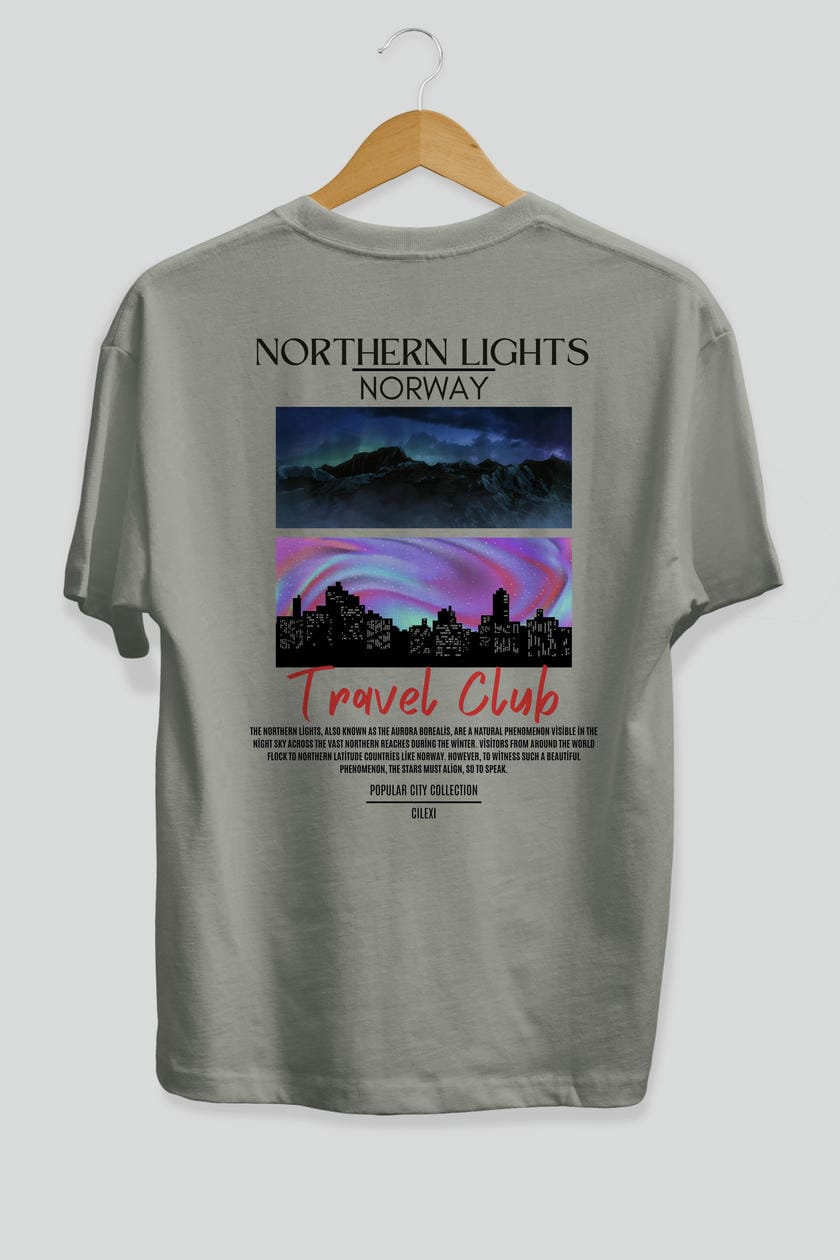 Northern Lights Norway Arka Baskılı Oversize t-shirt Erkek Kadın Pamuk Bisiklet Yaka tişort