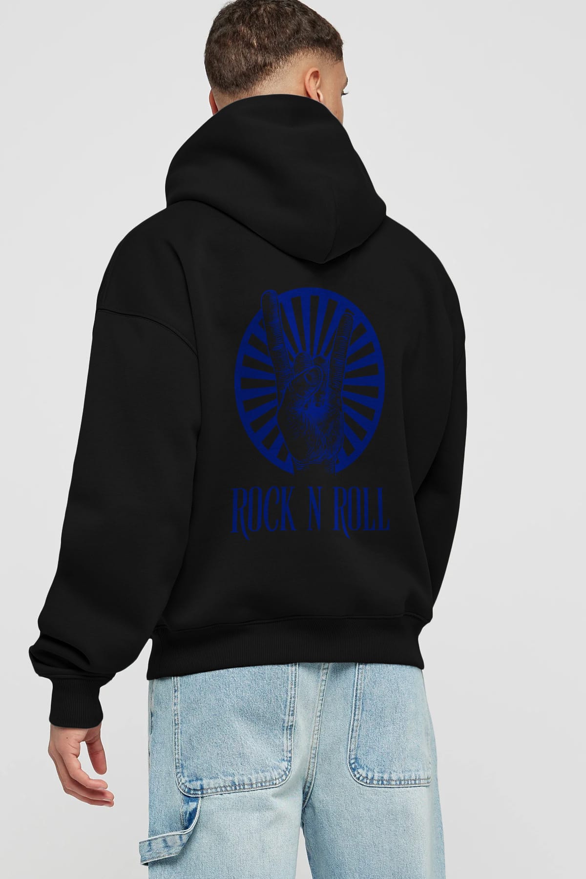 Rock N Roll Yazılı Arka Baskılı Oversize Hoodie Kapüşonlu Sweatshirt Erkek Kadın Unisex
