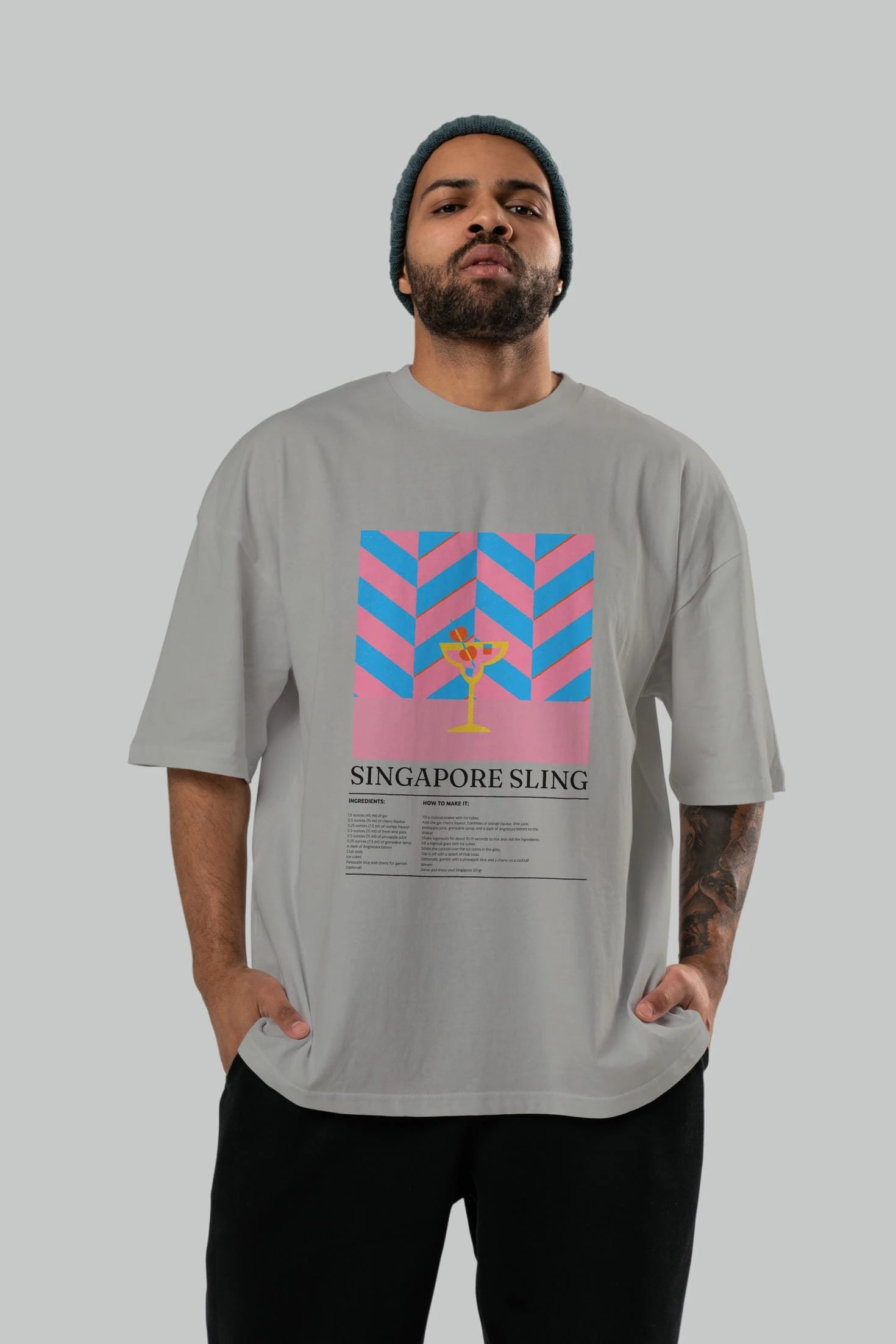Sıngapore Sling Kokteyl Ön Baskılı Oversize t-shirt Erkek Kadın %100 Pamuk Bisiklet Yaka tişort