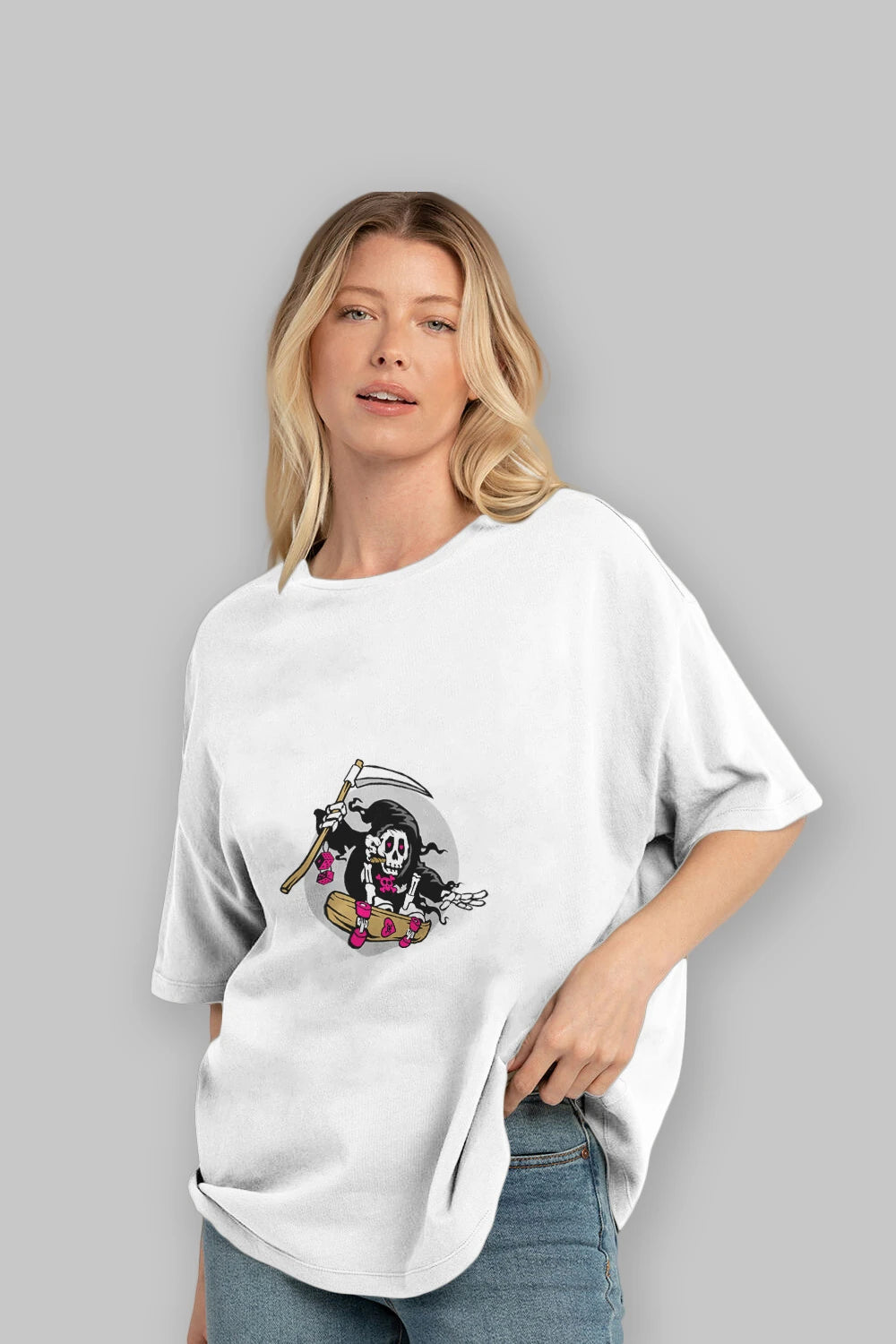 Grim Skater Ön Baskılı Oversize t-shirt Erkek Kadın Unisex %100 Pamuk tişort