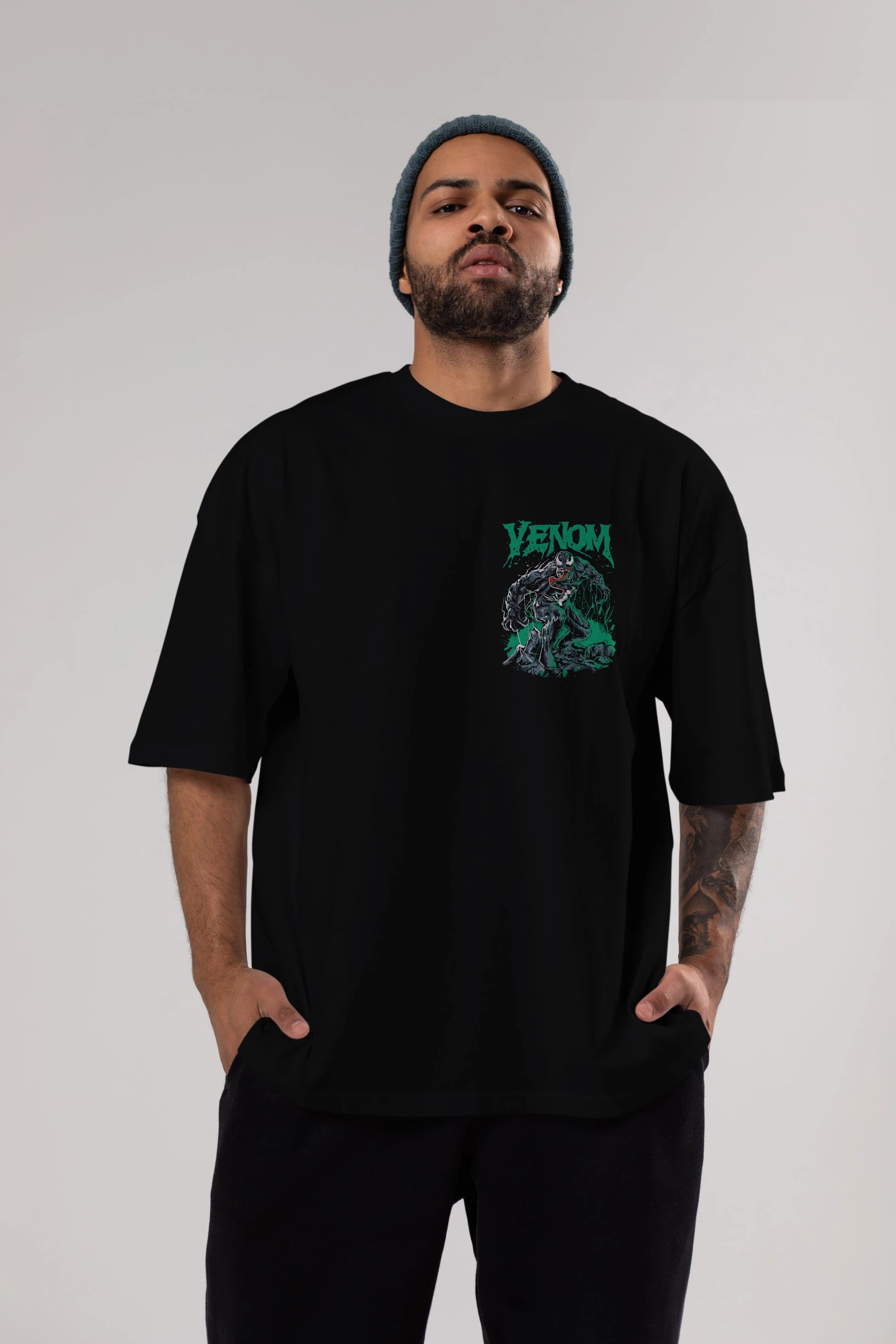 Venom (3) Ön Sol Baskılı Oversize t-shirt Erkek Kadın Unisex %100 Pamuk Bisiklet Yaka tişort