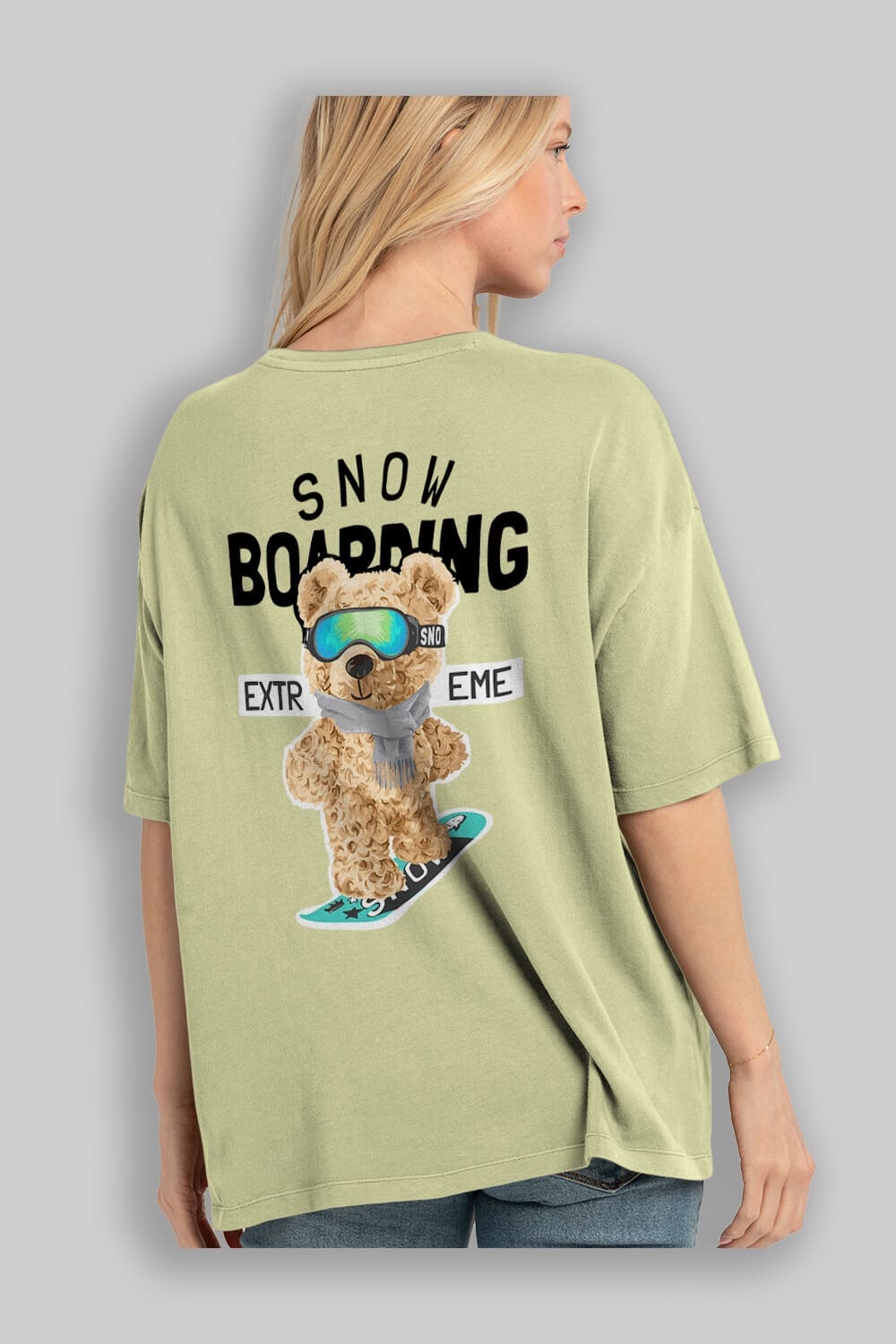 Teddy Bear Snow Boarding Arka Baskılı Oversize t-shirt Erkek Kadın Unisex %100 Pamuk