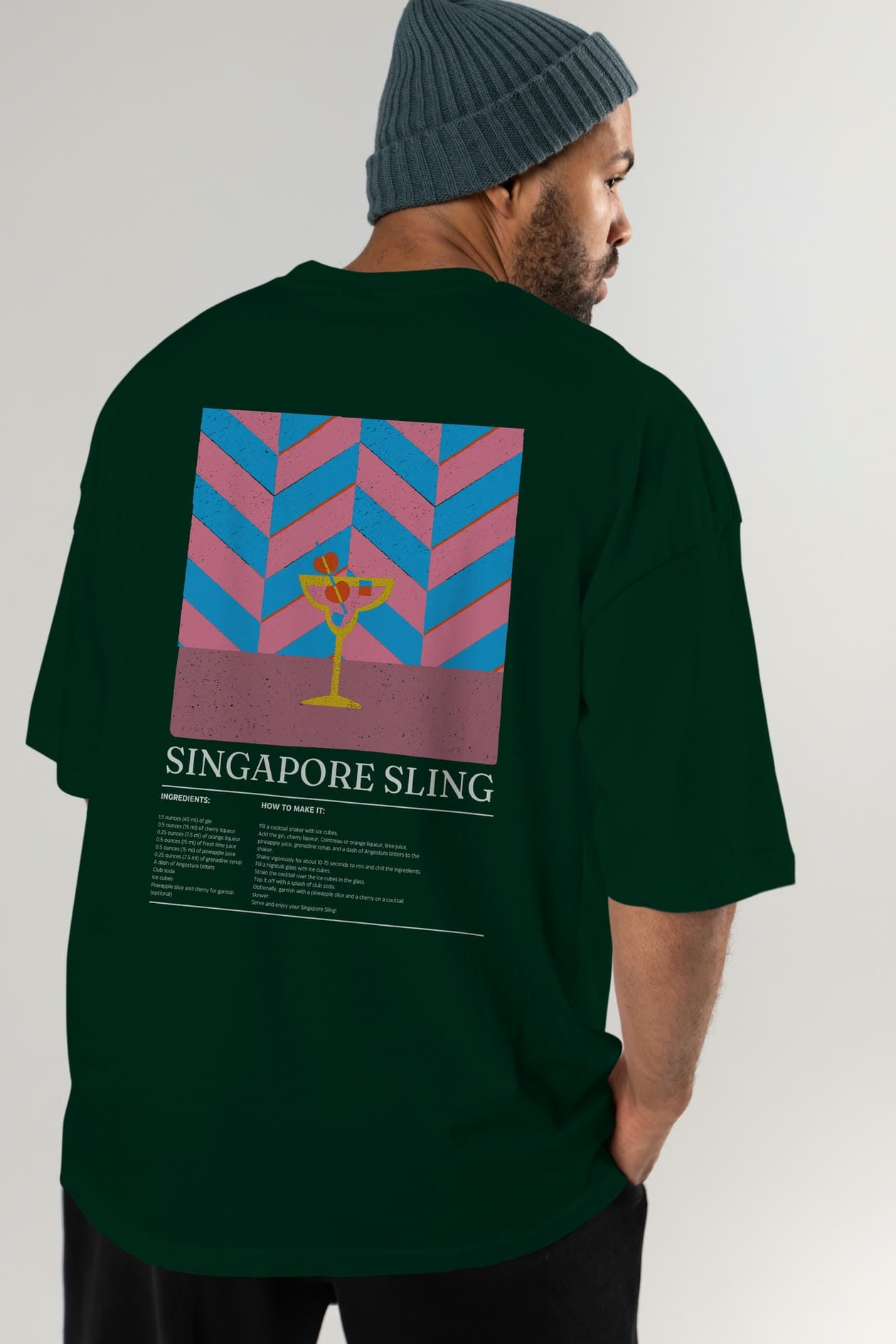 Singapore Sling Kokteyl Serisi Arka Baskılı Oversize t-shirt Erkek Kadın %100 Pamuk Bisiklet Yaka tişort