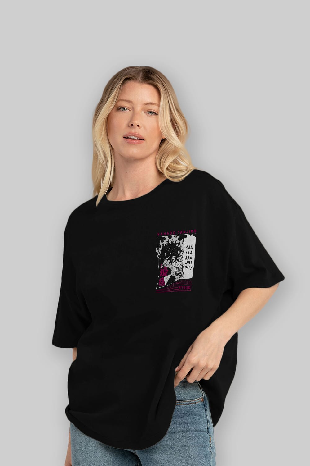 TANJIRO KAMADO 3 Ön Sol Baskılı Oversize t-shirt Erkek Kadın Unisex %100 Pamuk Bisiklet Yaka tişort