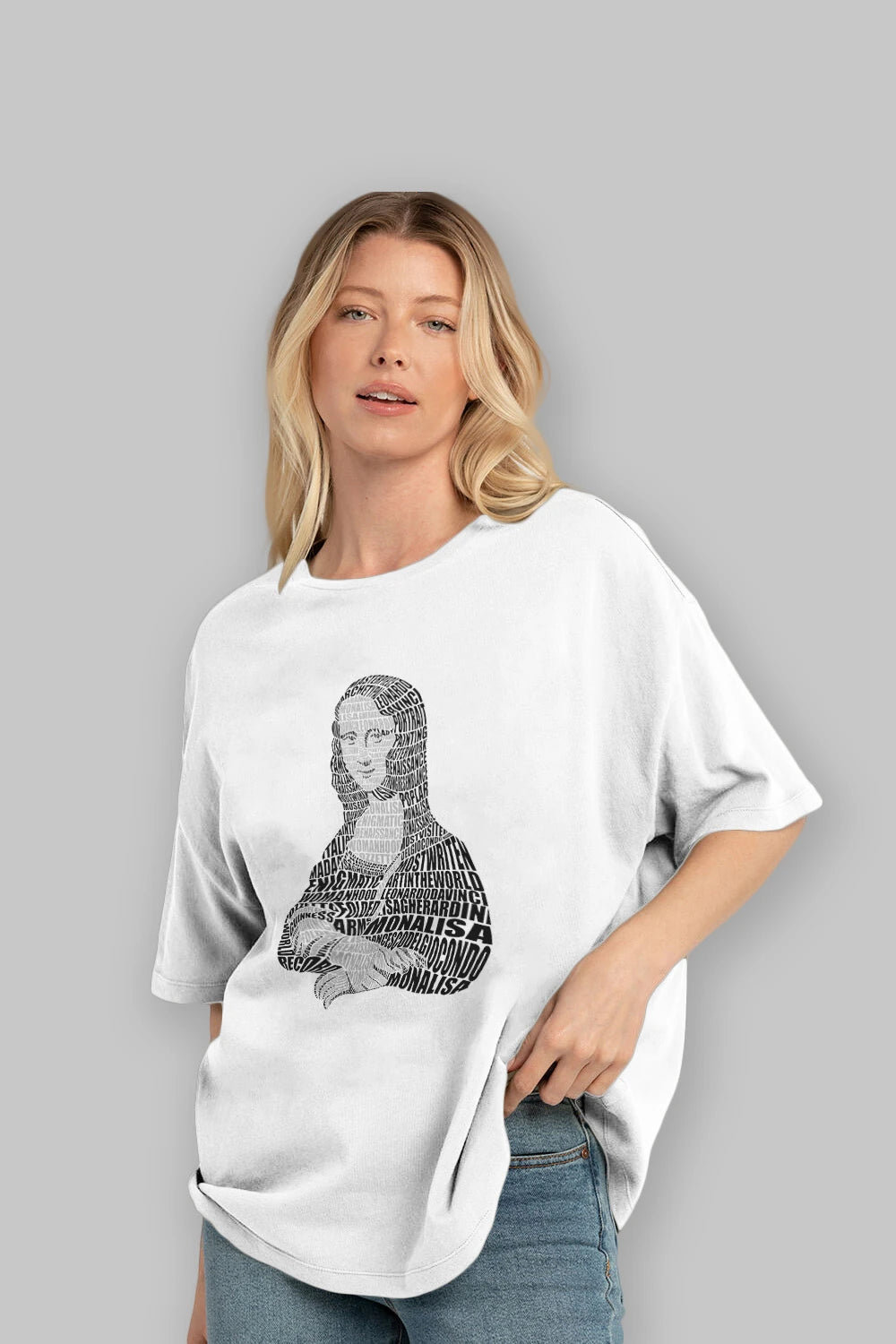 Mona Lisa Calligram Ön Baskılı Oversize t-shirt %100 pamuk Erkek Kadın Unisex