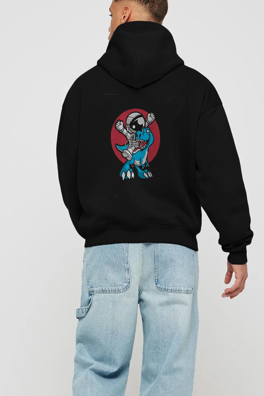 Astronaut Dino Arka Baskılı Hoodie Oversize Kapüşonlu Sweatshirt Erkek Kadın Unisex