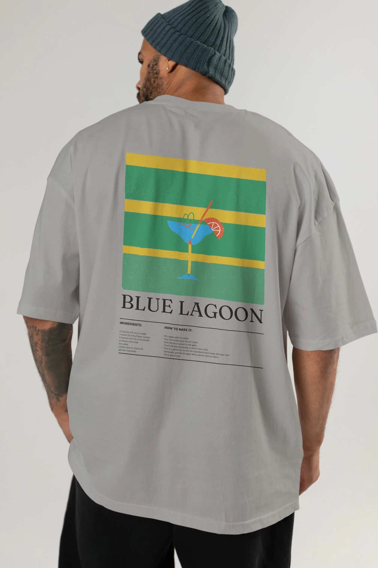 Blue Lagoon Kokteyl Serisi Arka Baskılı Oversize t-shirt Erkek Kadın %100 Pamuk Bisiklet Yaka tişort