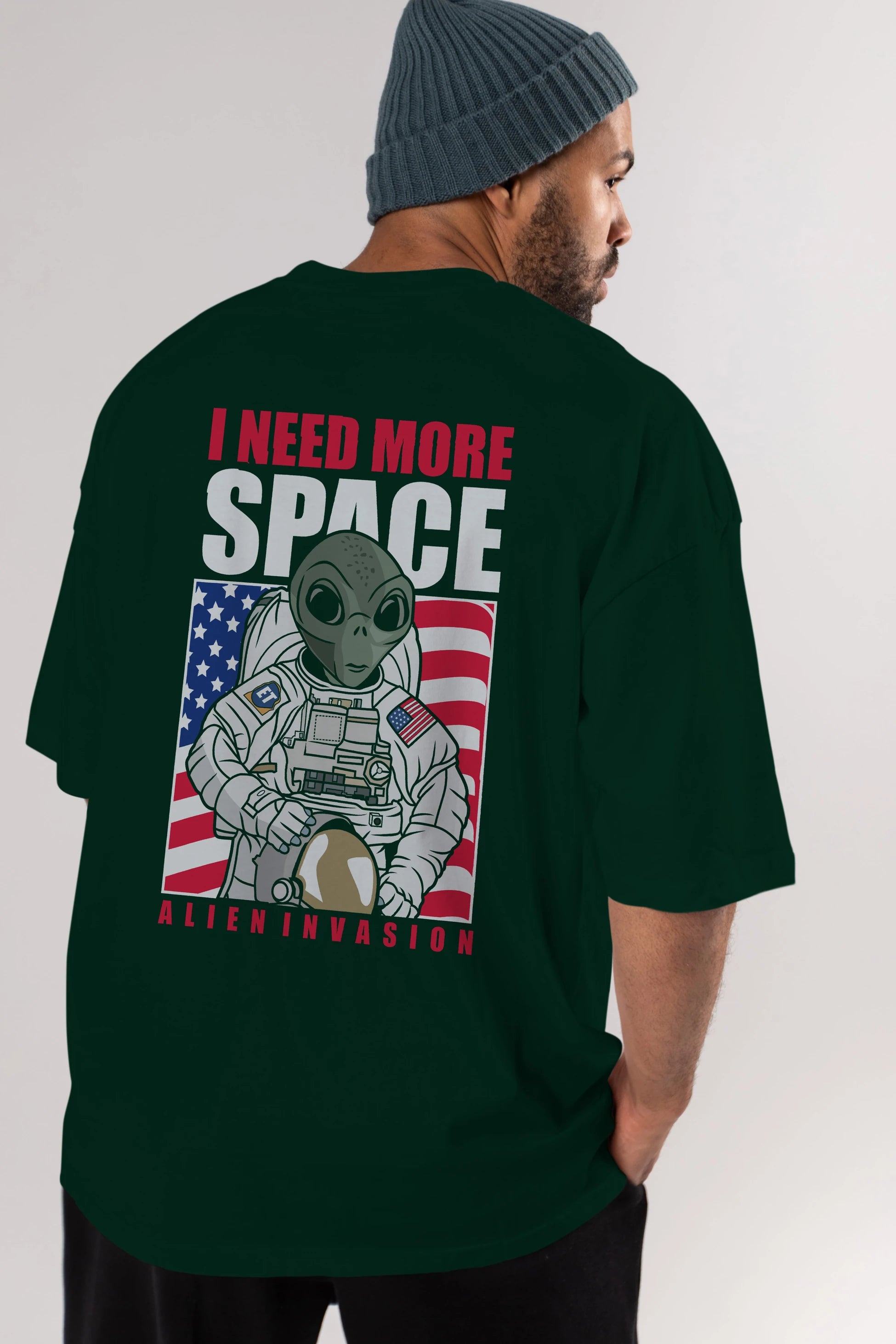 Alien Astronaut Arka Baskılı Oversize t-shirt Erkek Kadın Unisex %100 Pamuk tişort