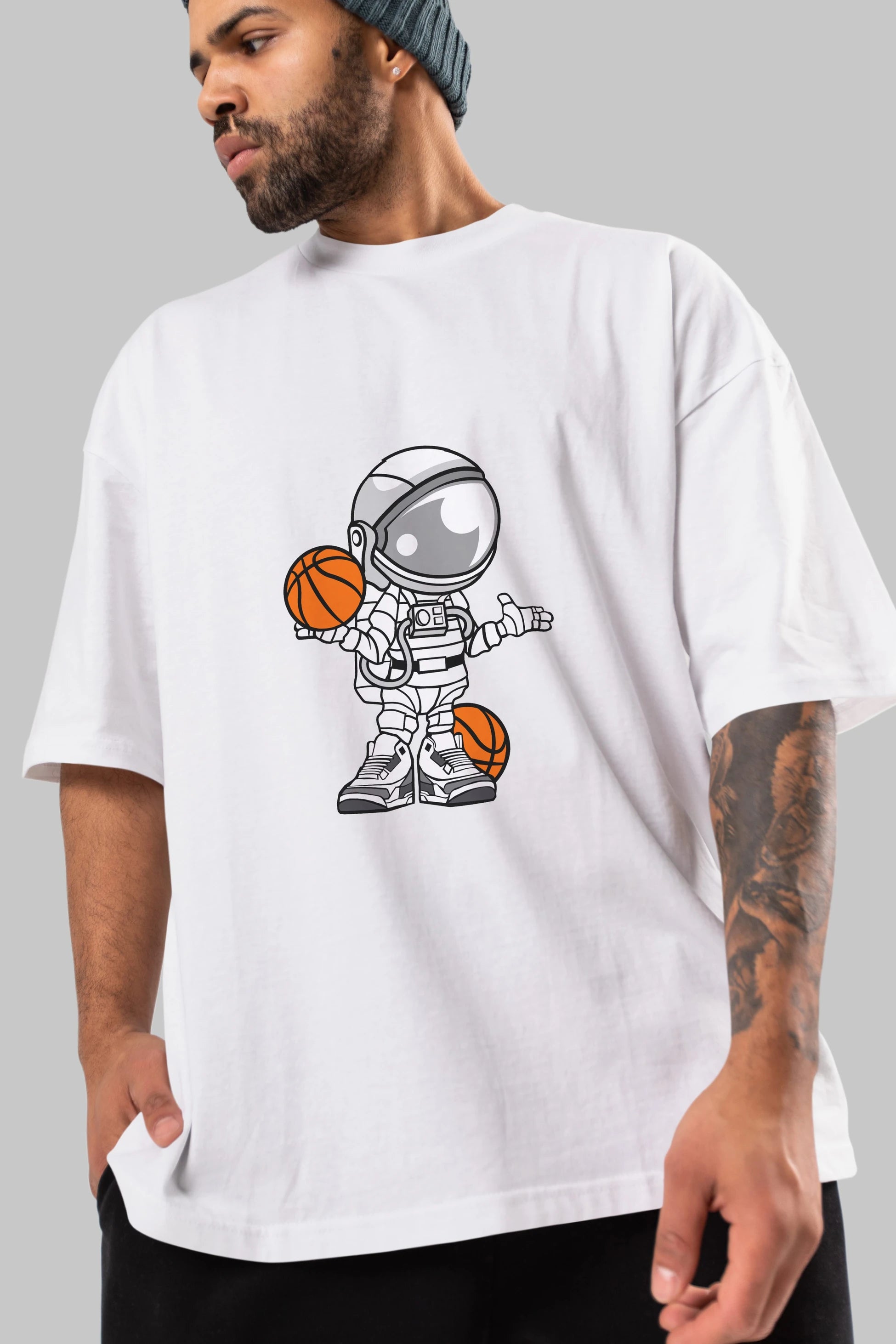 Astronaut Basketball Player Ön Baskılı Oversize t-shirt Erkek Kadın Unisex %100 Pamuk tişort