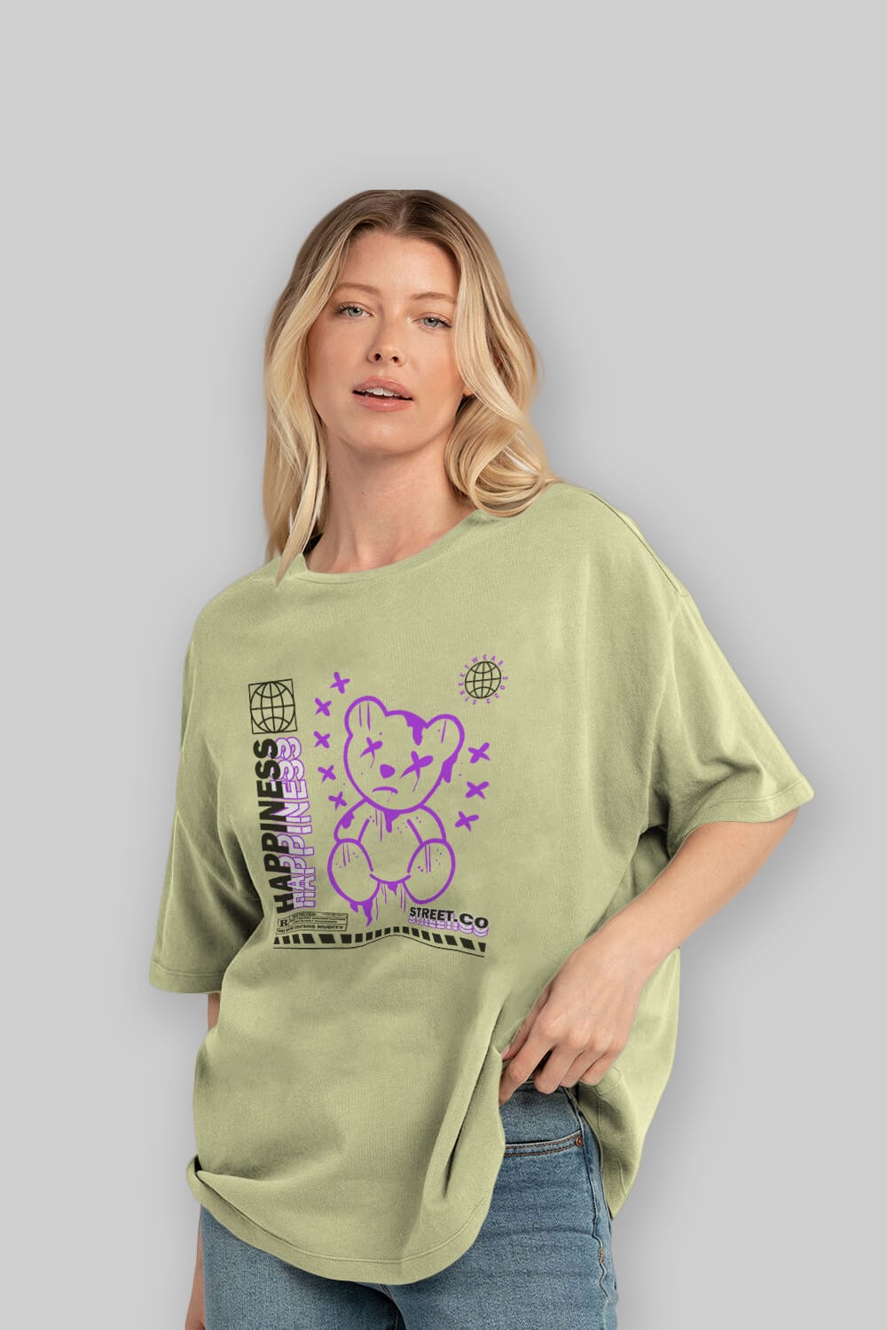 Happiness Bear 3 Ön Baskılı Oversize t-shirt Erkek Kadın Unisex