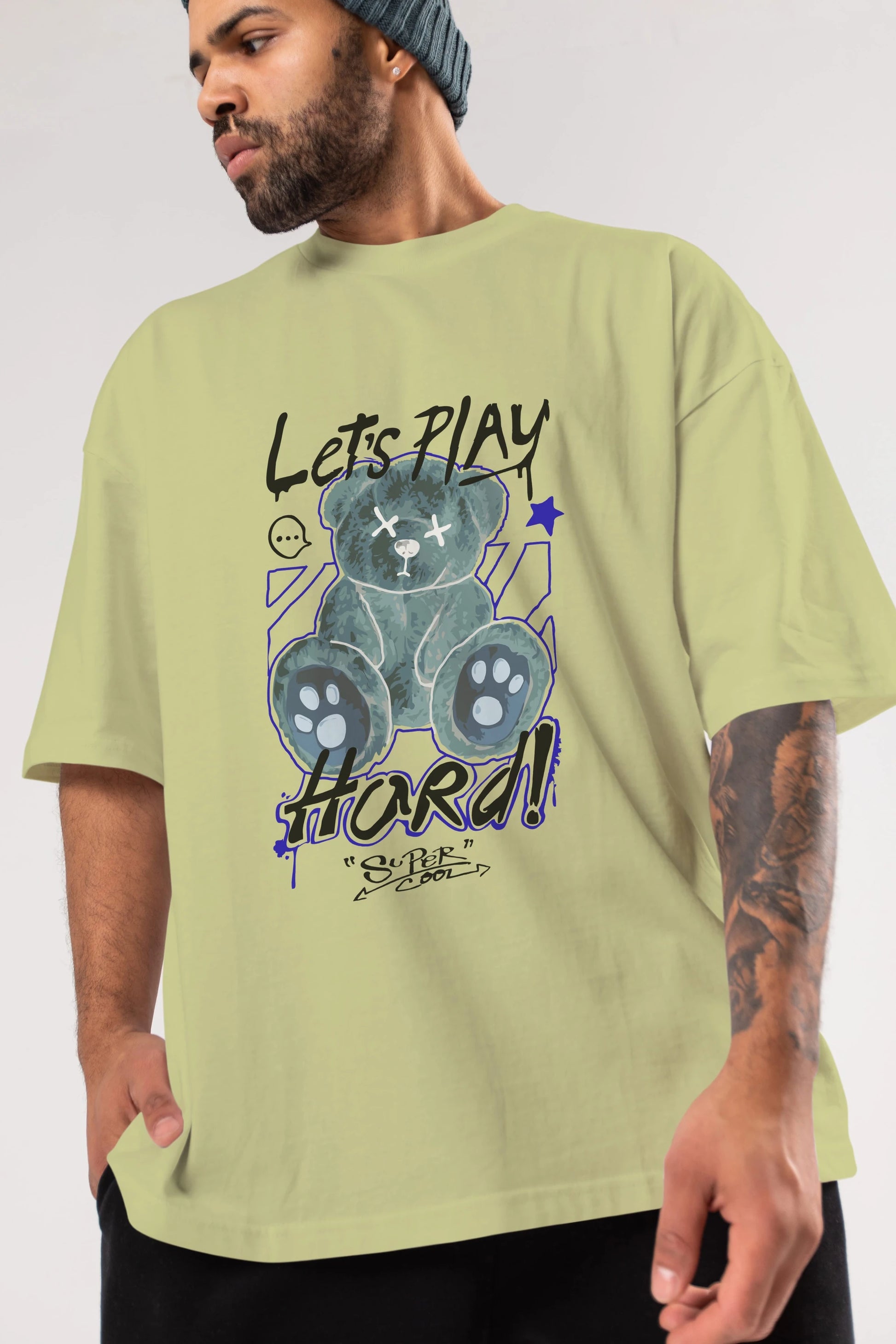 Lets Play Hard Bear Ön Baskılı Oversize t-shirt Erkek Kadın Unisex