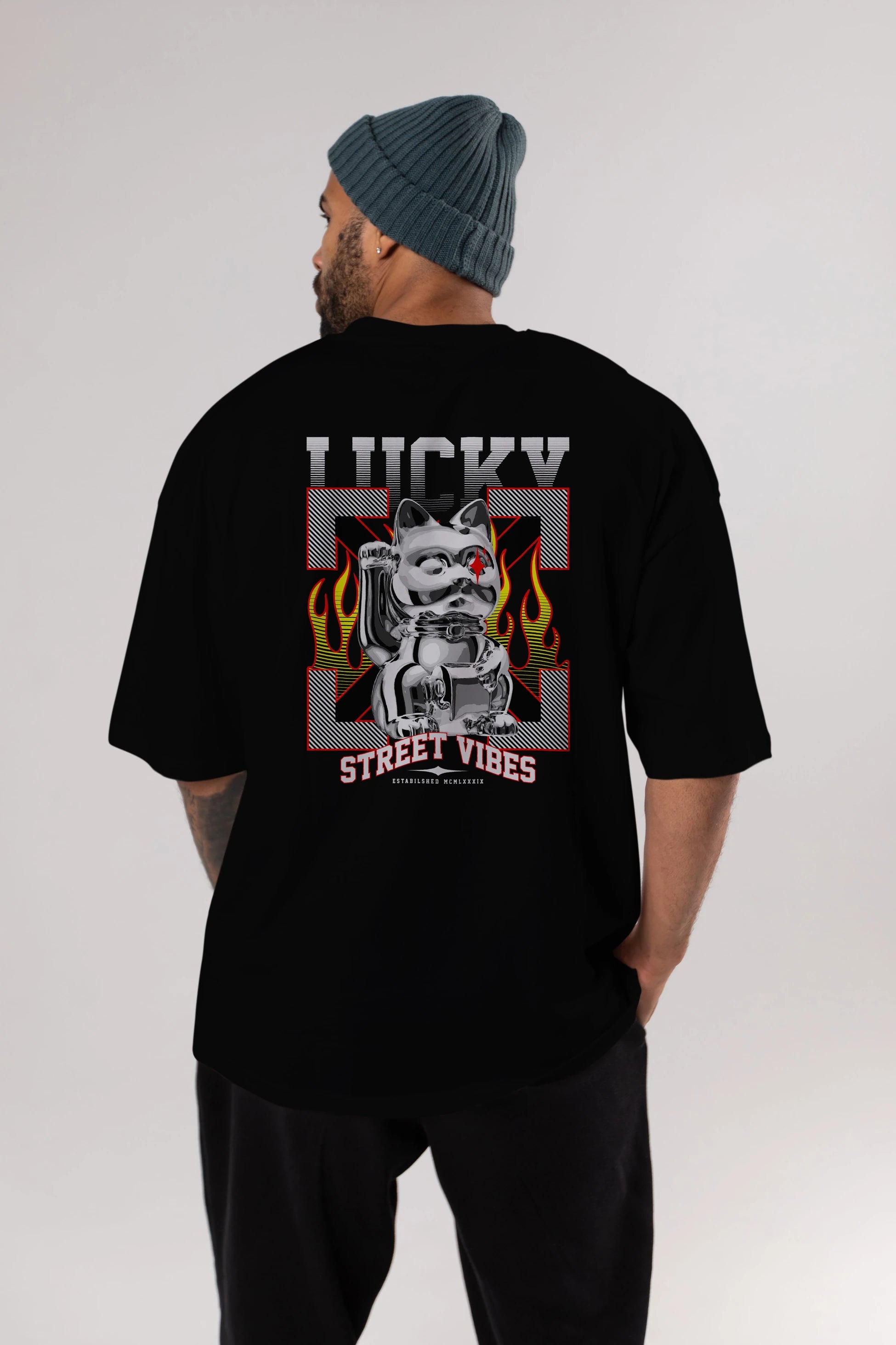Lucky Street Vibes Arka Baskılı Oversize t-shirt Erkek Kadın Unisex