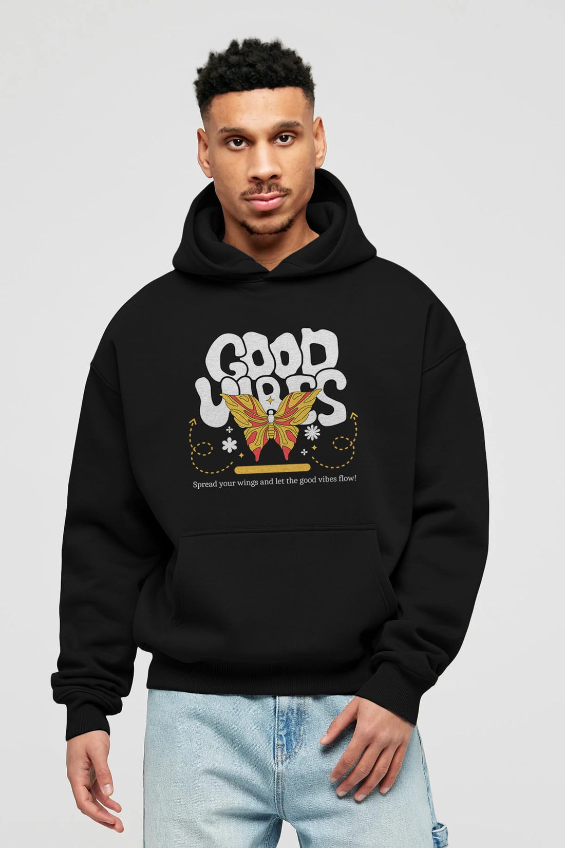 Good Vibes Yazılı 4 Ön Baskılı Oversize Hoodie Kapüşonlu Sweatshirt Erkek Kadın Unisex