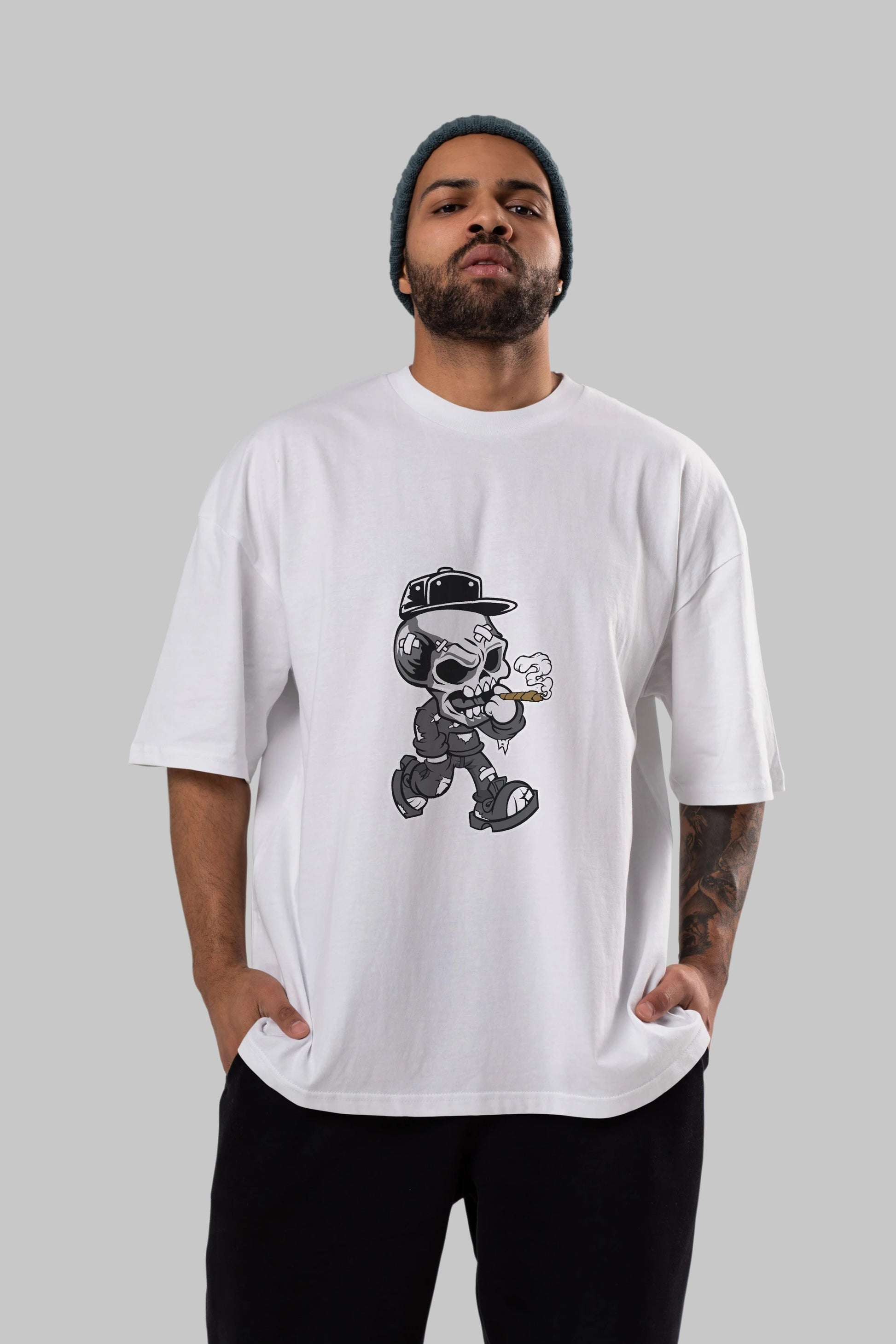 Skull Smoker Ön Baskılı Oversize t-shirt Erkek Kadın Unisex %100 Pamuk tişort