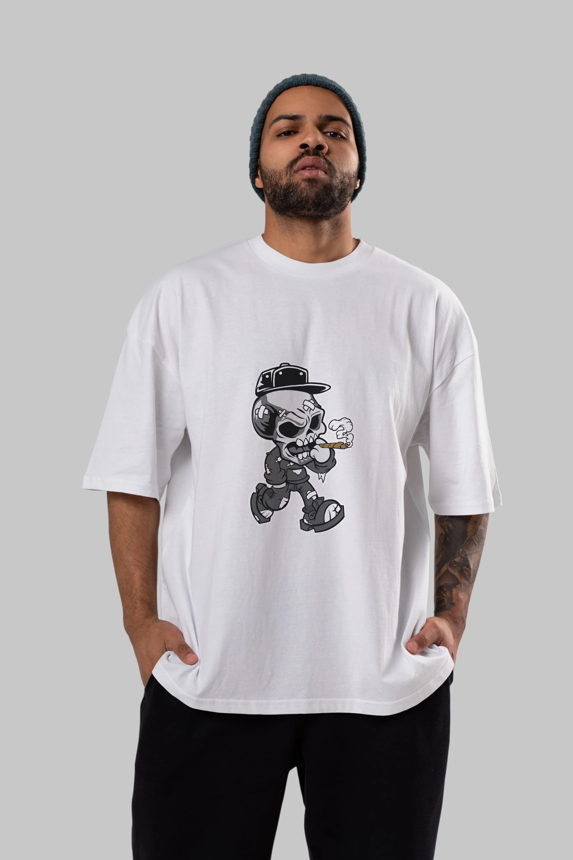 Skull Smoker Ön Baskılı Oversize t-shirt Erkek Kadın Unisex %100 Pamuk tişort
