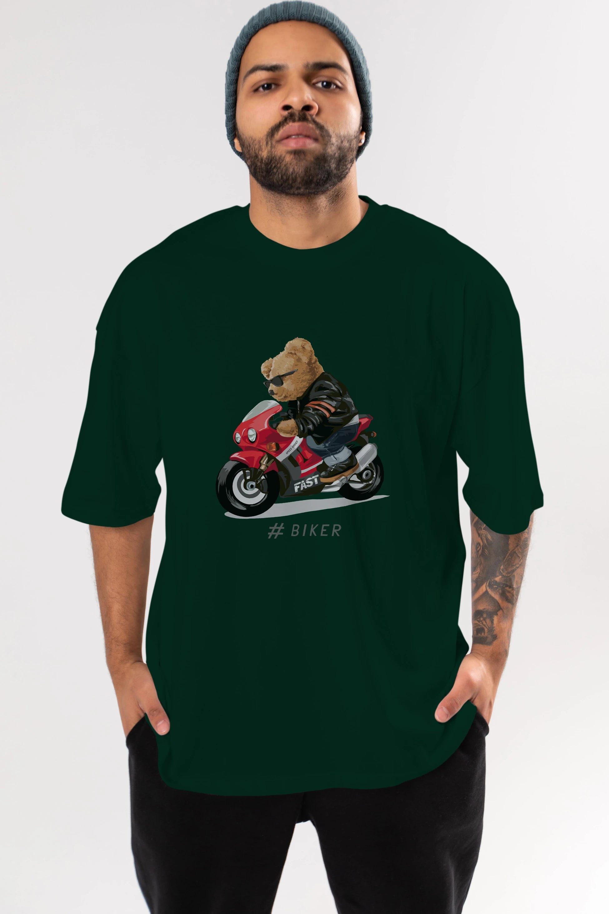 Teddy Bear Biker Ön Baskılı Oversize t-shirt Erkek Kadın Unisex %100 Pamuk