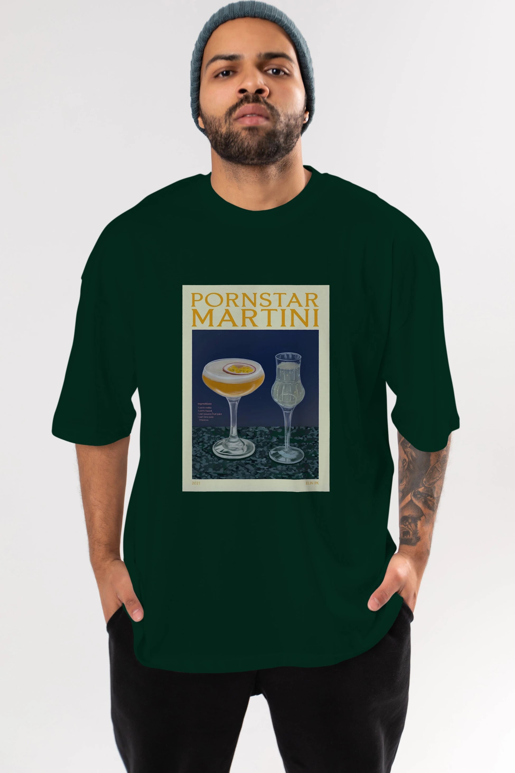 P.rnstar Martini Ön Baskılı Oversize t-shirt Erkek Kadın Unisex %100 Pamuk Bisiklet Yaka tişort