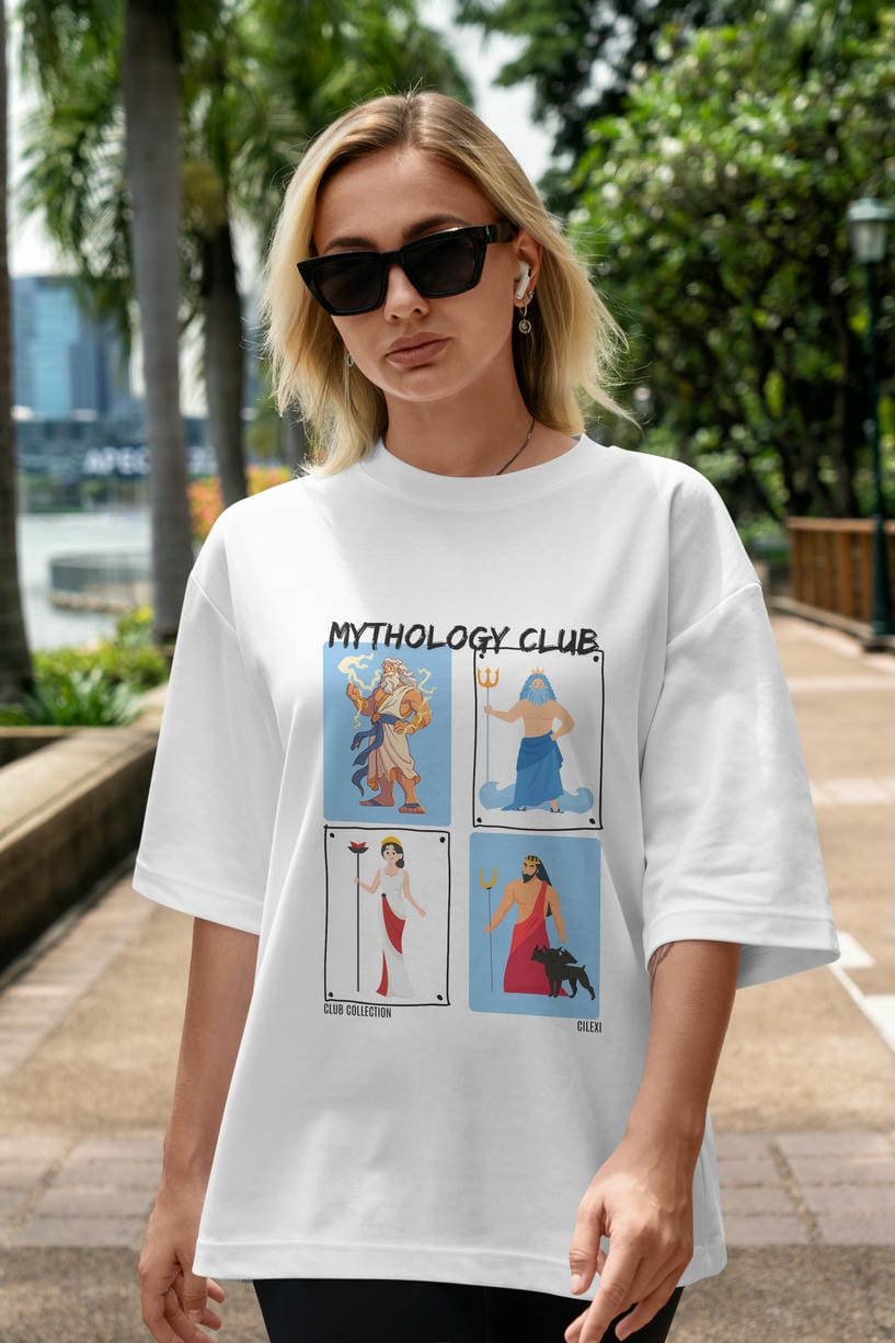 Mythology Club 2 ön Baskılı Oversize t-shirt Erkek Kadın %100 Pamuk Bisiklet Yaka tişort