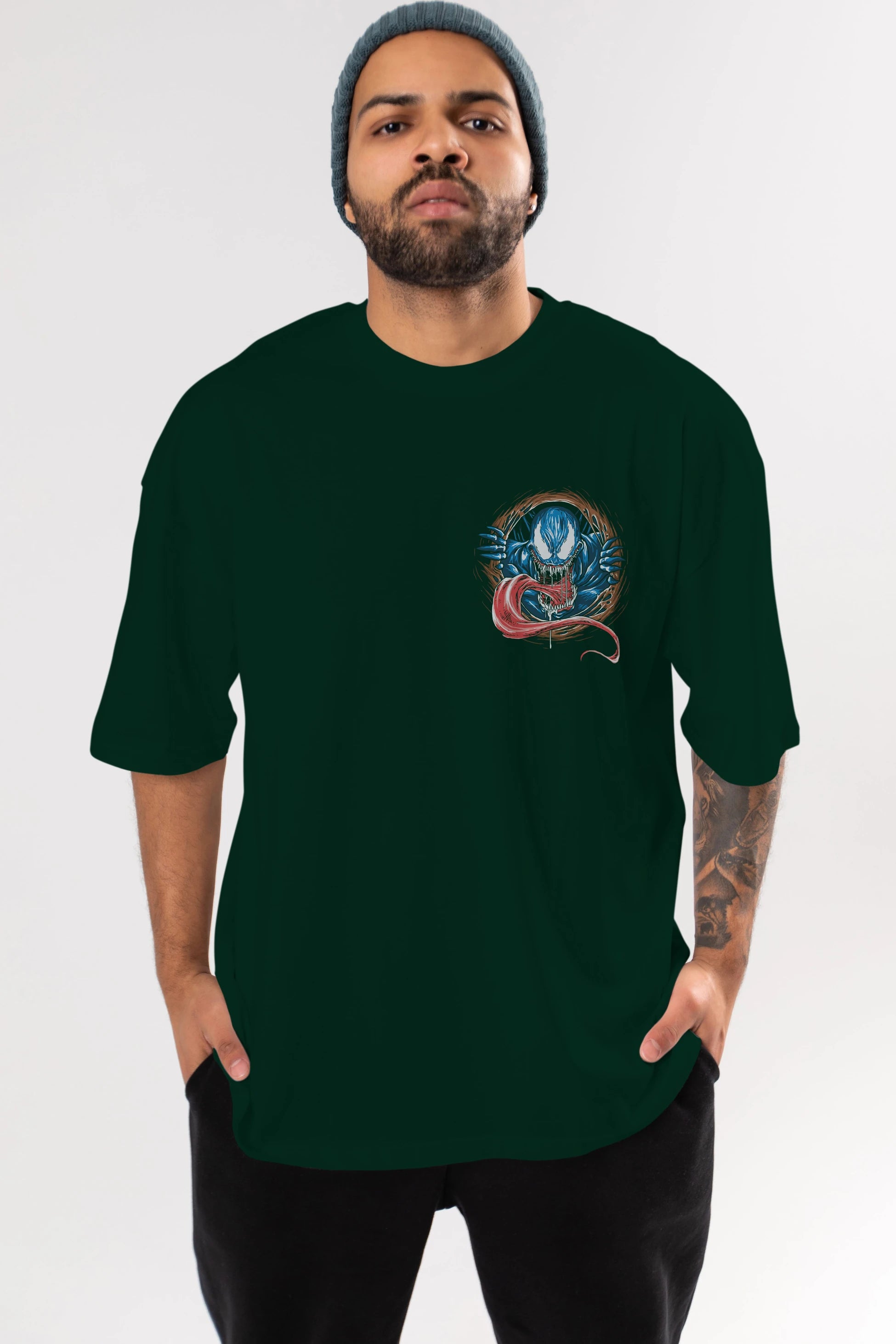 Venom (7) Ön Sol Baskılı Oversize t-shirt Erkek Kadın Unisex %100 Pamuk Bisiklet Yaka tişort