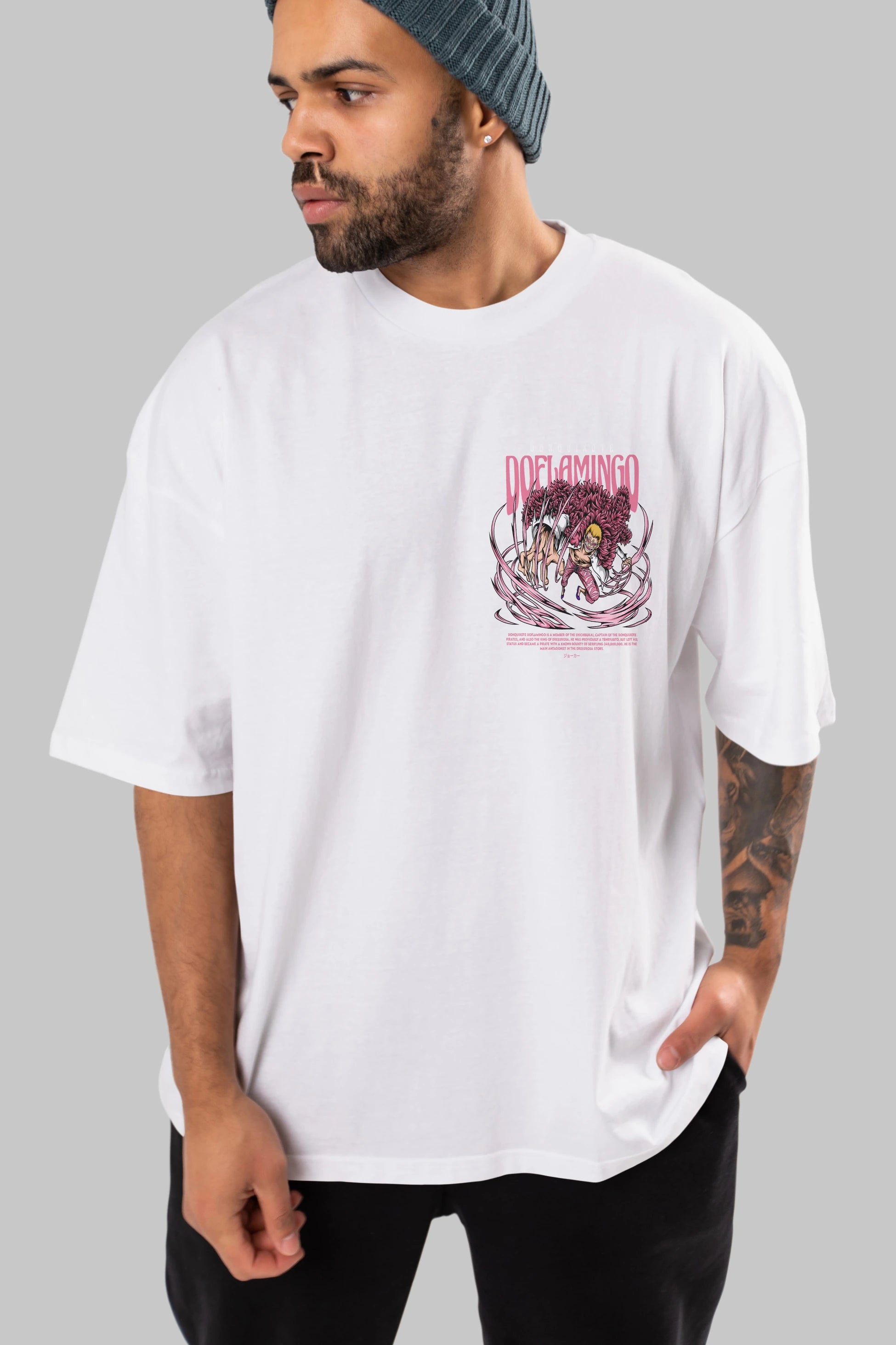 Doflamingo Ön Sol Baskılı Oversize t-shirt Erkek Kadın Unisex %100 Pamuk Bisiklet Yaka tişort