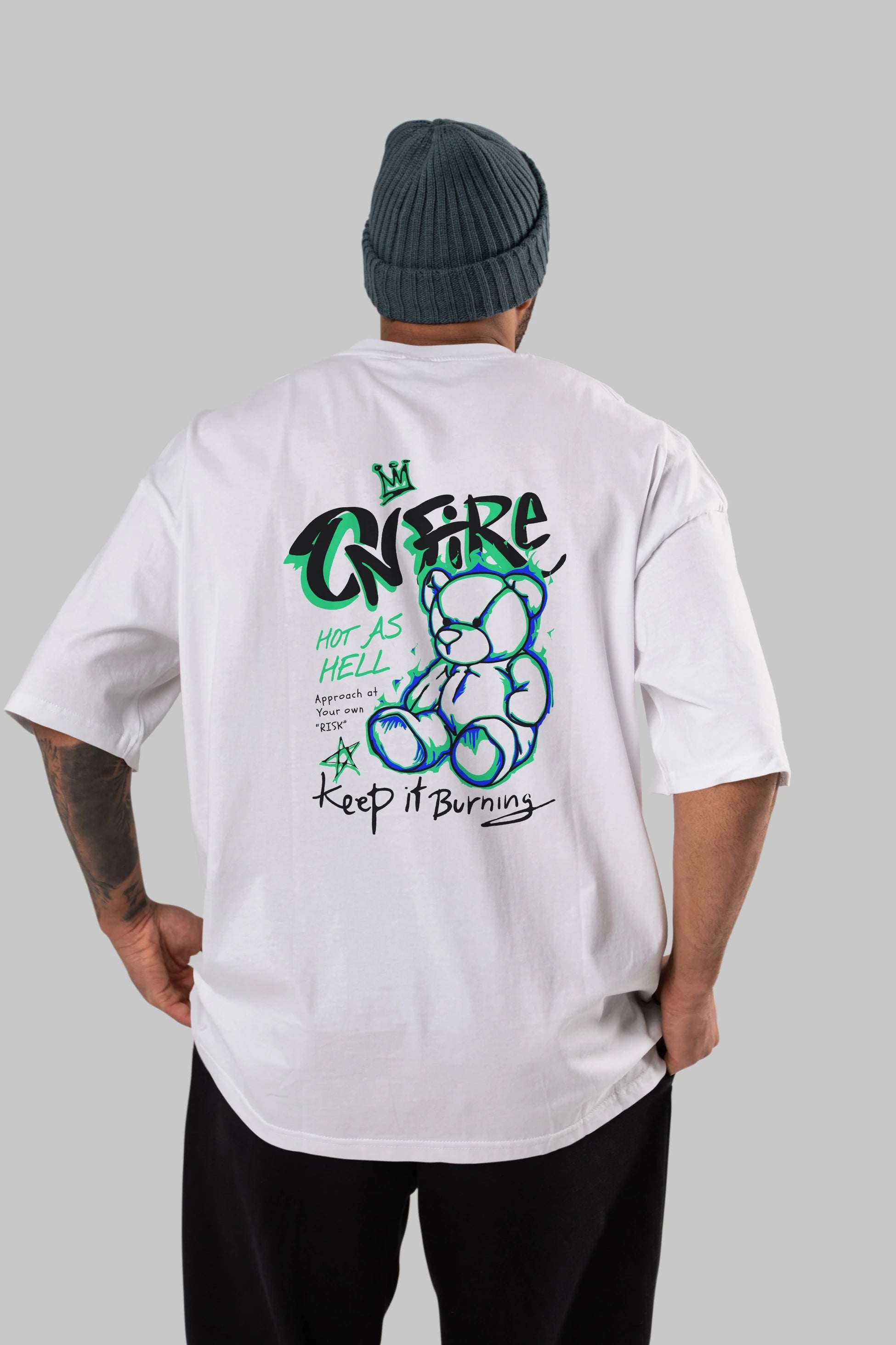 On Fire Bear Arka Baskılı Oversize t-shirt Erkek Kadın Unisex