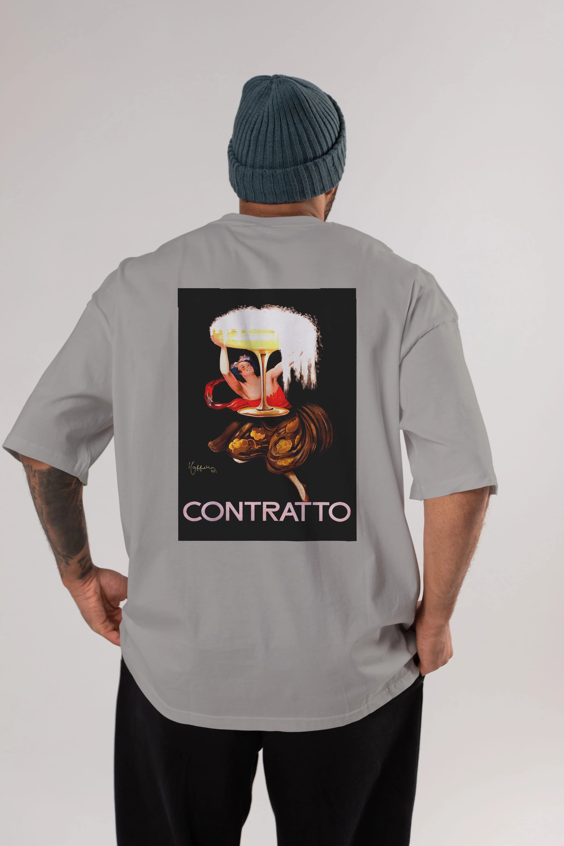 Contratto Arka Baskılı Oversize t-shirt Erkek Kadın Unisex %100 Pamuk Bisiklet Yaka tişort