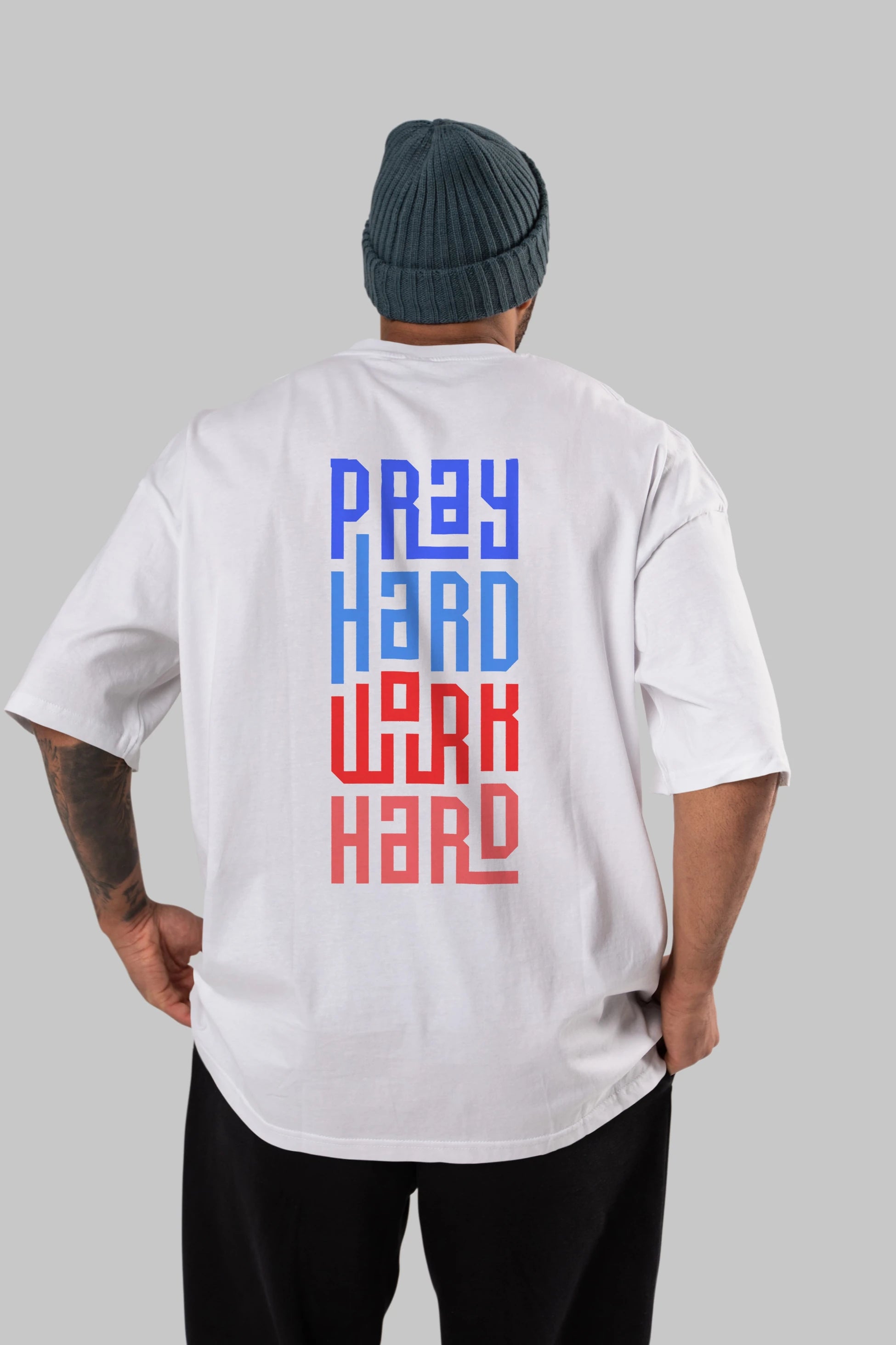 Pray Hard Work Hard Yazılı Arka Baskılı Oversize t-shirt Erkek Kadın Unisex