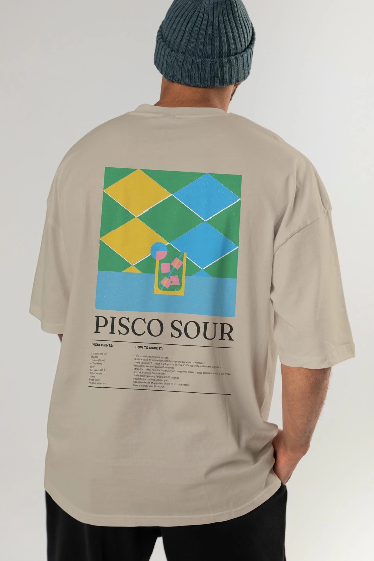 Pisco Sour Kokteyl Serisi Arka Baskılı Oversize t-shirt Erkek Kadın %100 Pamuk Bisiklet Yaka tişort