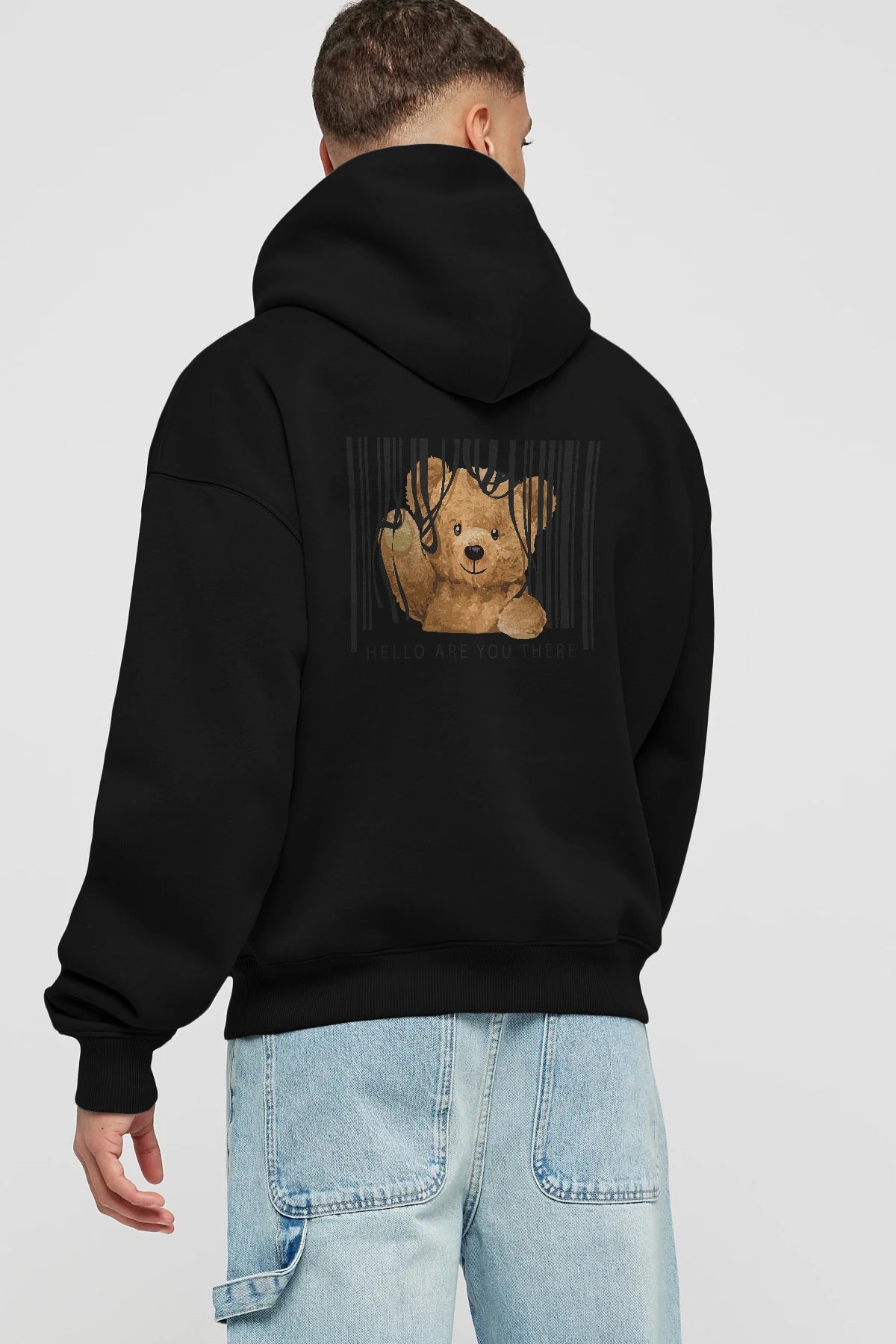 Teddy Bear Hello Arka Baskılı Hoodie Oversize Kapüşonlu Sweatshirt Erkek Kadın Unisex