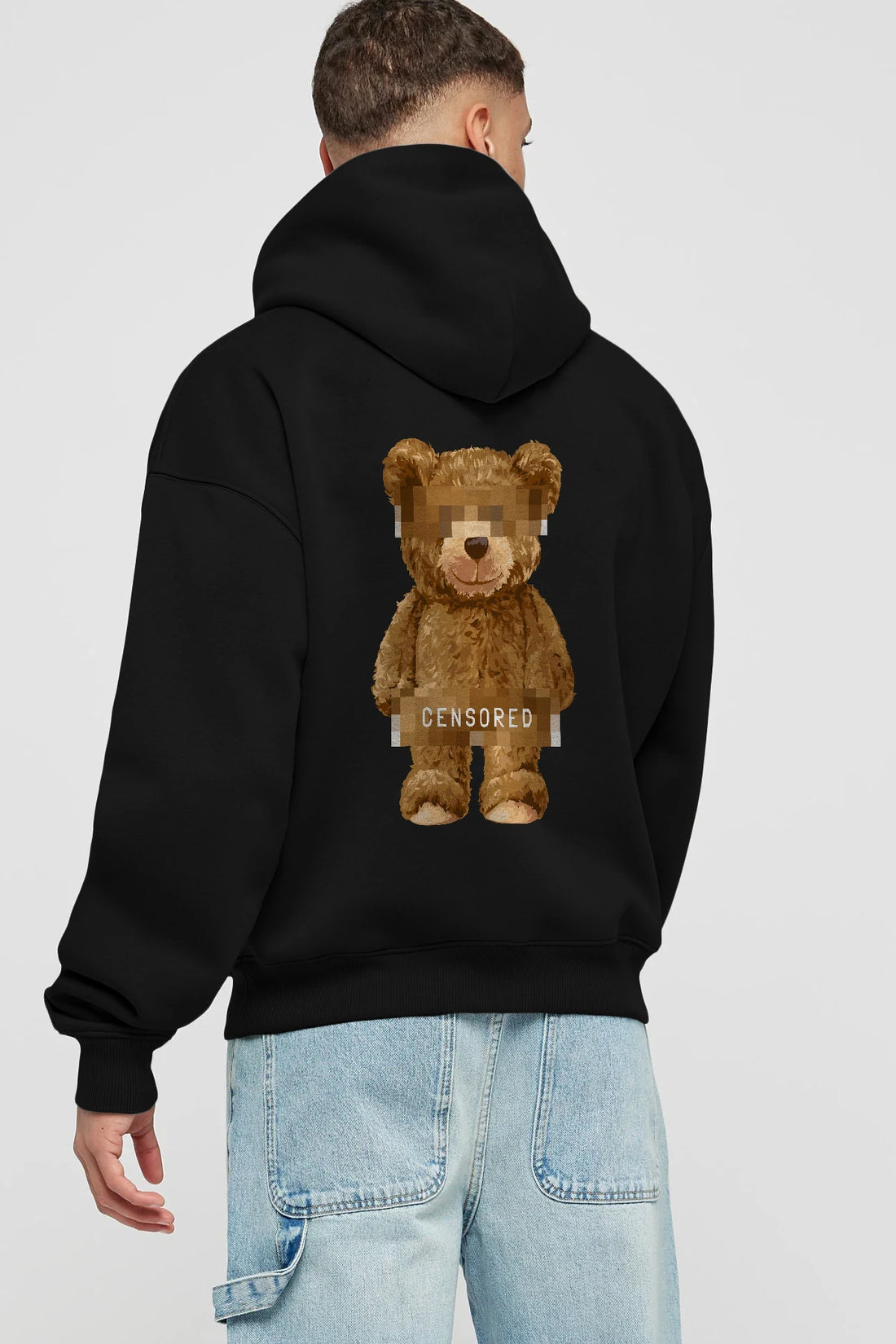 Teddy Bear Censored Arka Baskılı Hoodie Oversize Kapüşonlu Sweatshirt Erkek Kadın Unisex