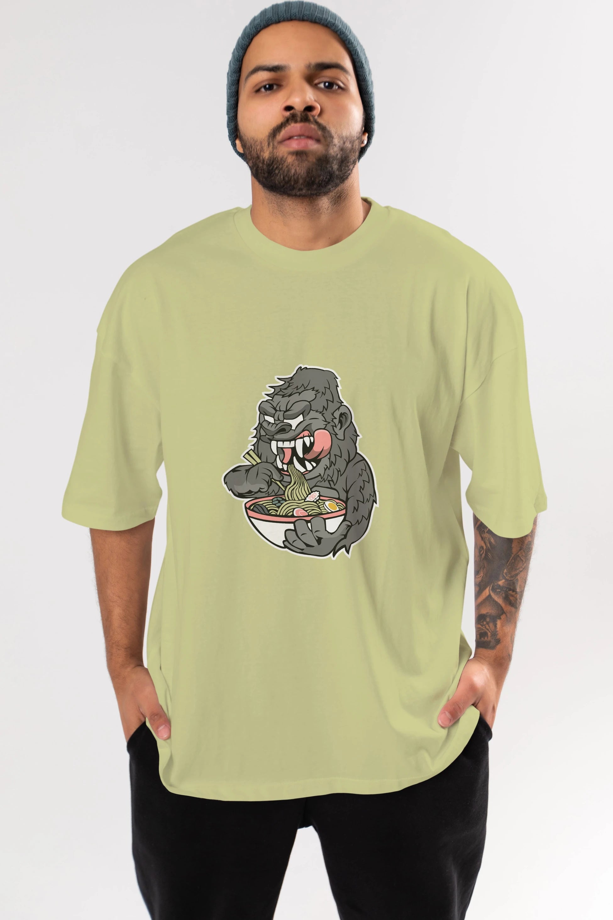 Big Gorilla Ramen Ön Baskılı Oversize t-shirt Erkek Kadın Unisex %100 Pamuk tişort