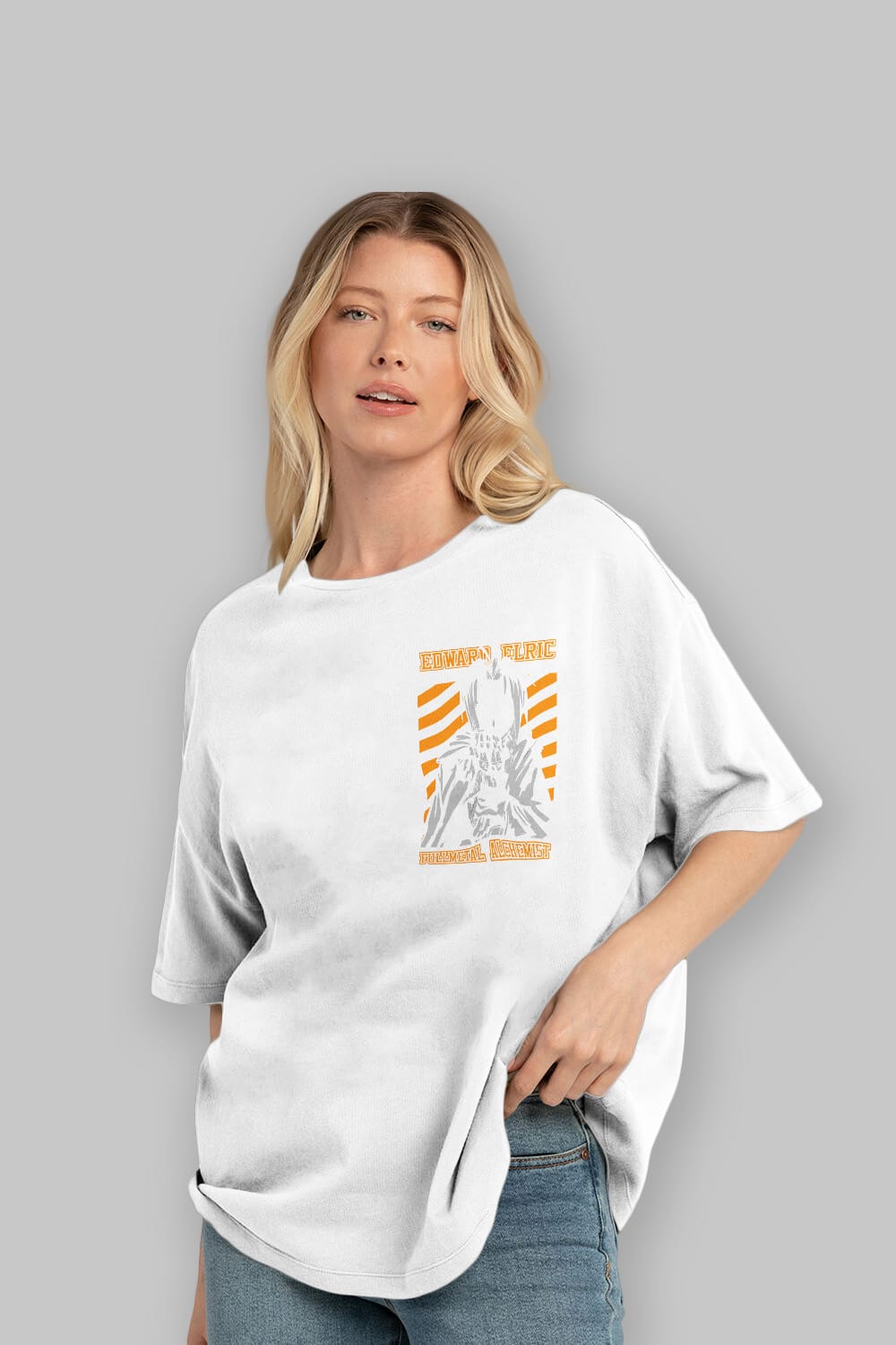 EDWARD ELRIC Ön Sol Baskılı Oversize t-shirt Erkek Kadın Unisex %100 Pamuk Bisiklet Yaka tişort