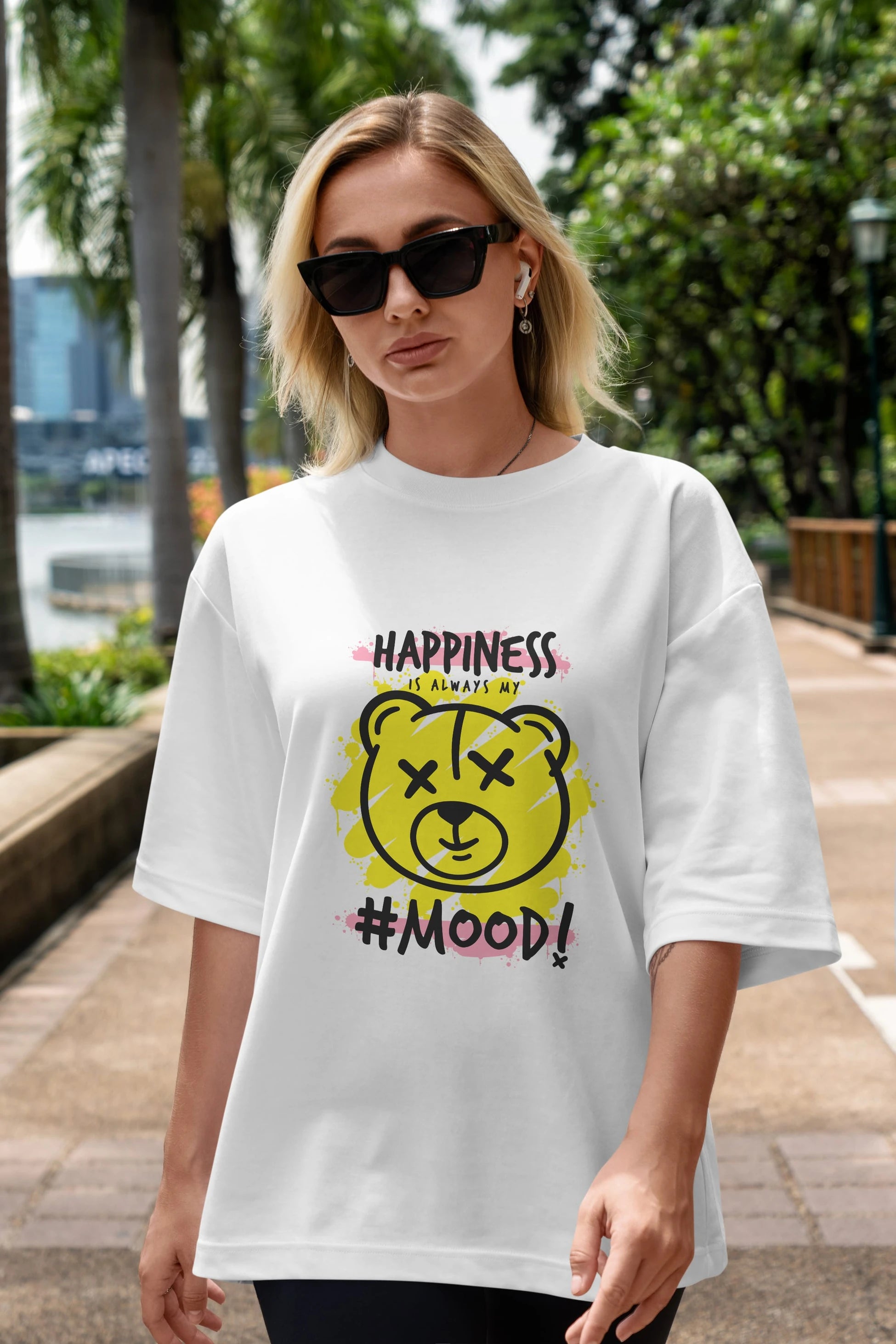 Happiness Mood Bear Ön Baskılı Oversize t-shirt Erkek Kadın Unisex