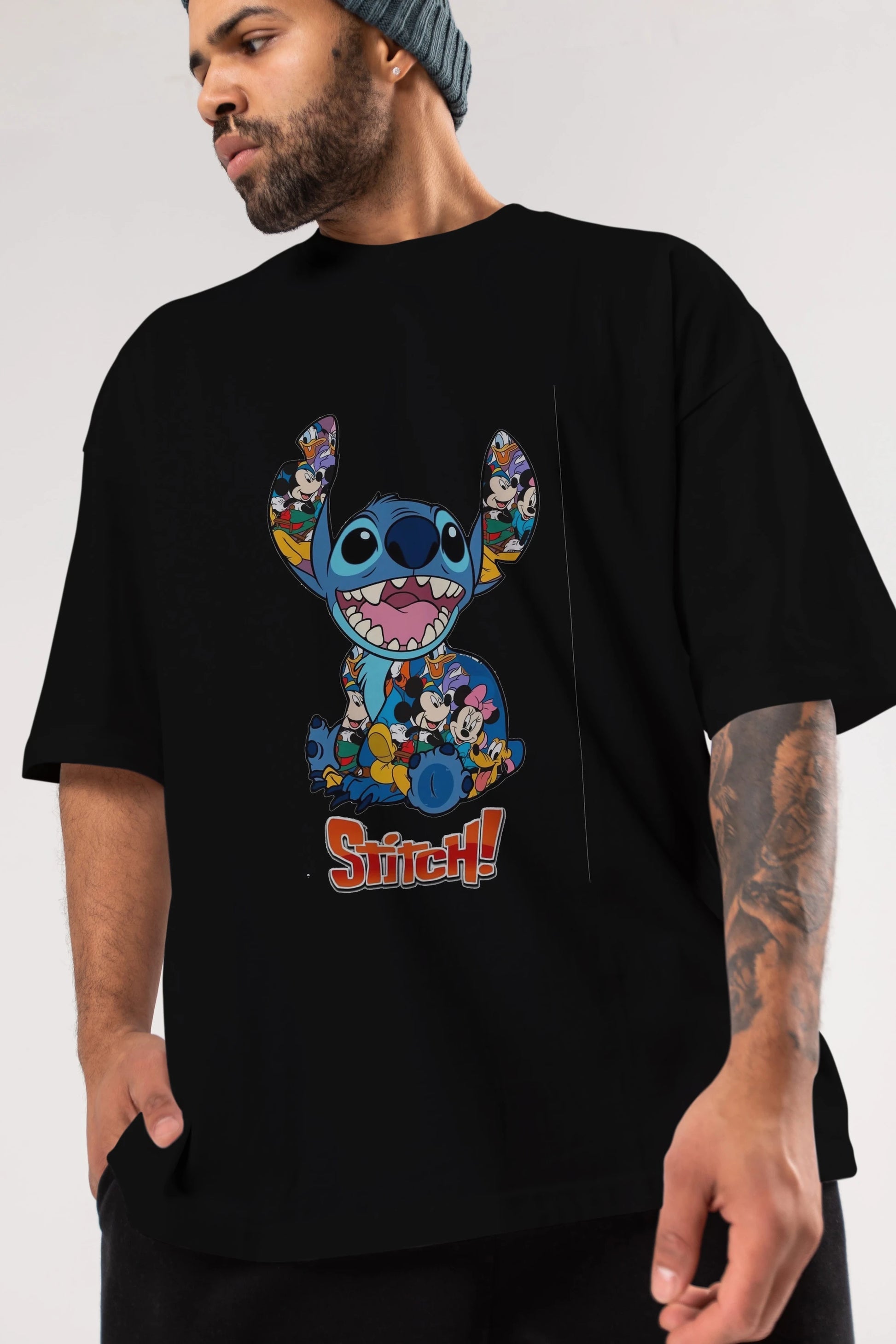 Stitch Ön Baskılı Oversize t-shirt Erkek Kadın Unisex %100 Pamuk Bisiklet Yaka tişort