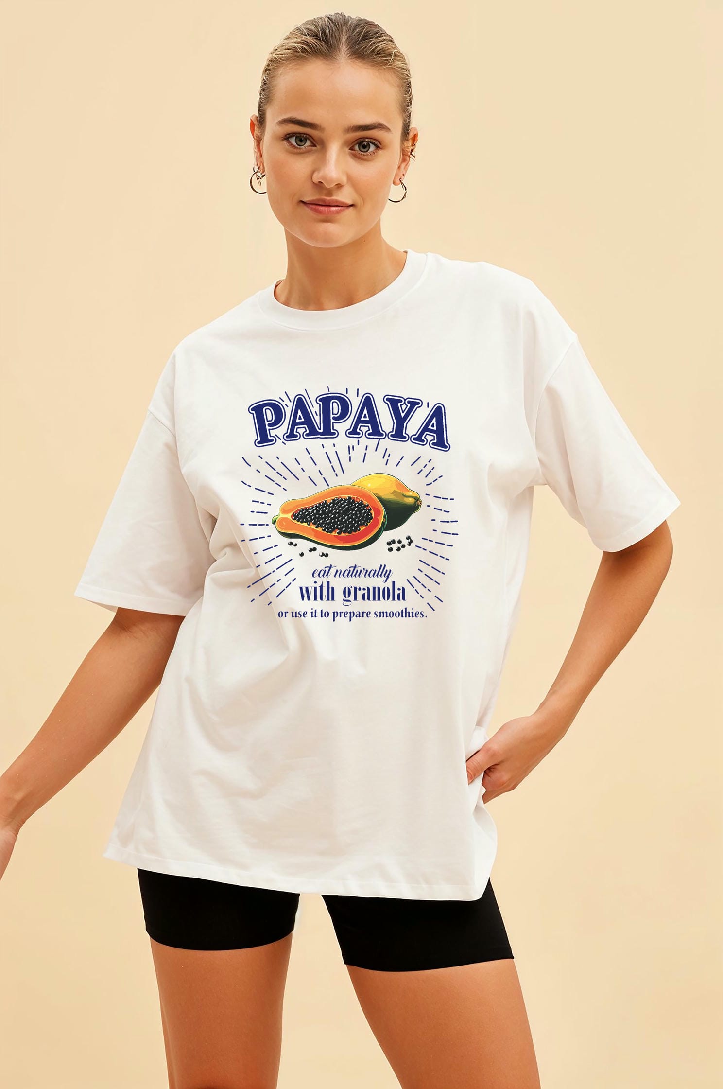 Papaya Ön Baskılı Oversize t-shirt Erkek Kadın Pamuk Bisiklet Yaka tişort