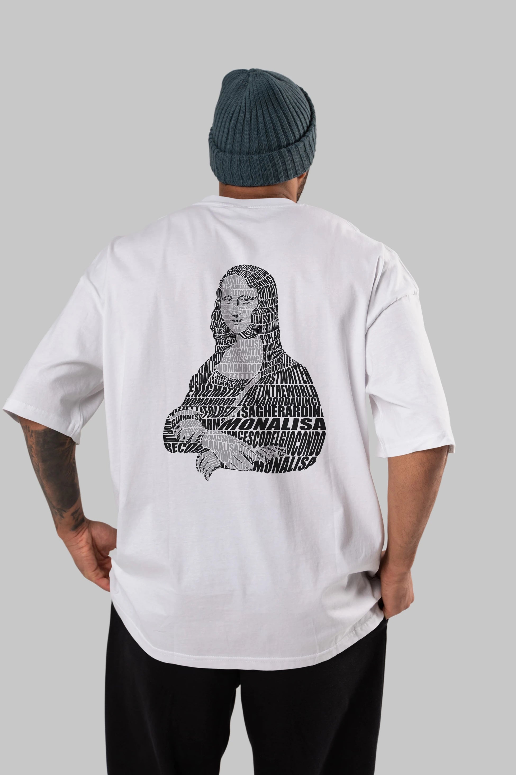 Mona Lisa Calligram Arka Baskılı Oversize t-shirt %100 pamuk Erkek Kadın Unisex