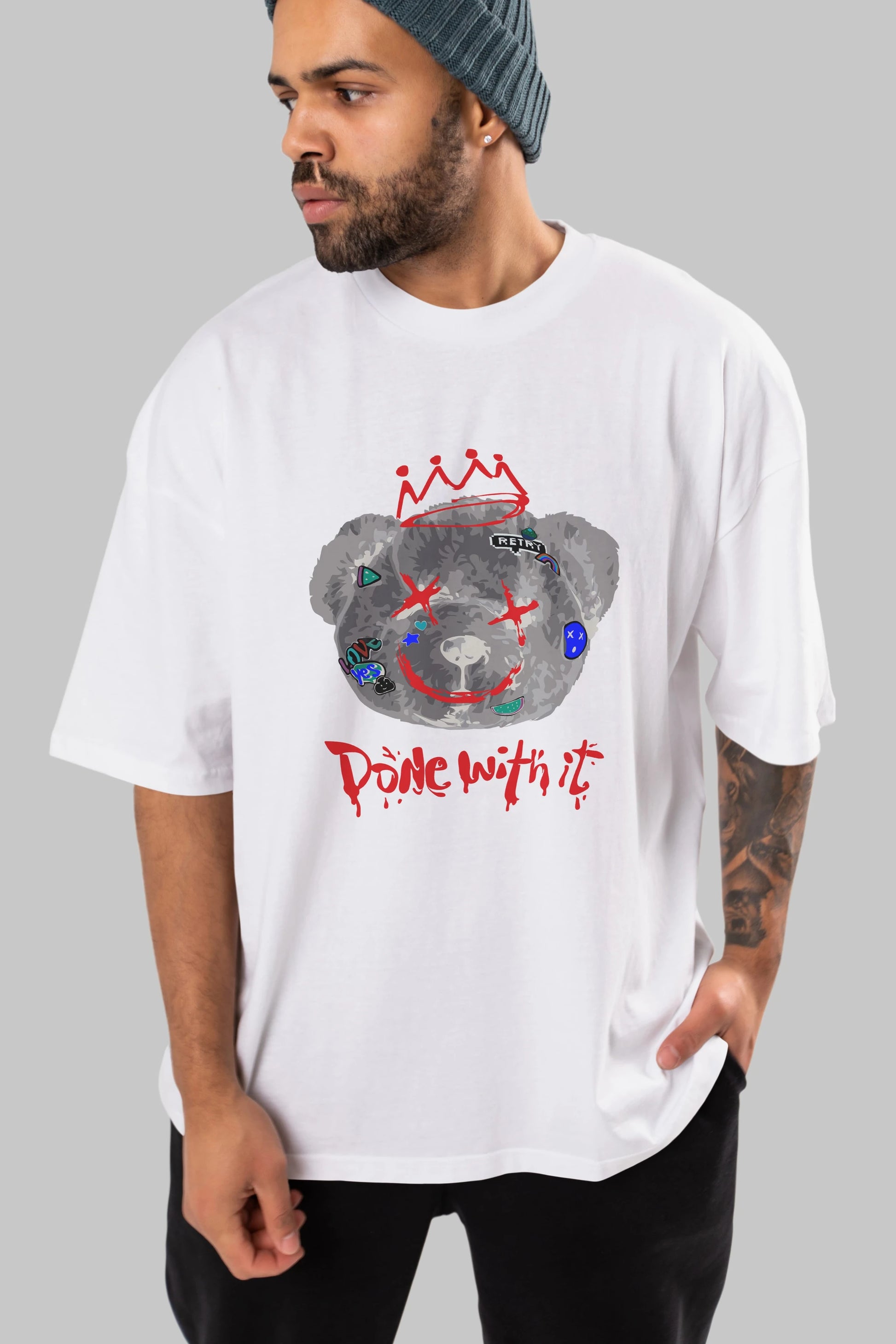Done With it Bear Ön Baskılı Oversize t-shirt Erkek Kadın Unisex