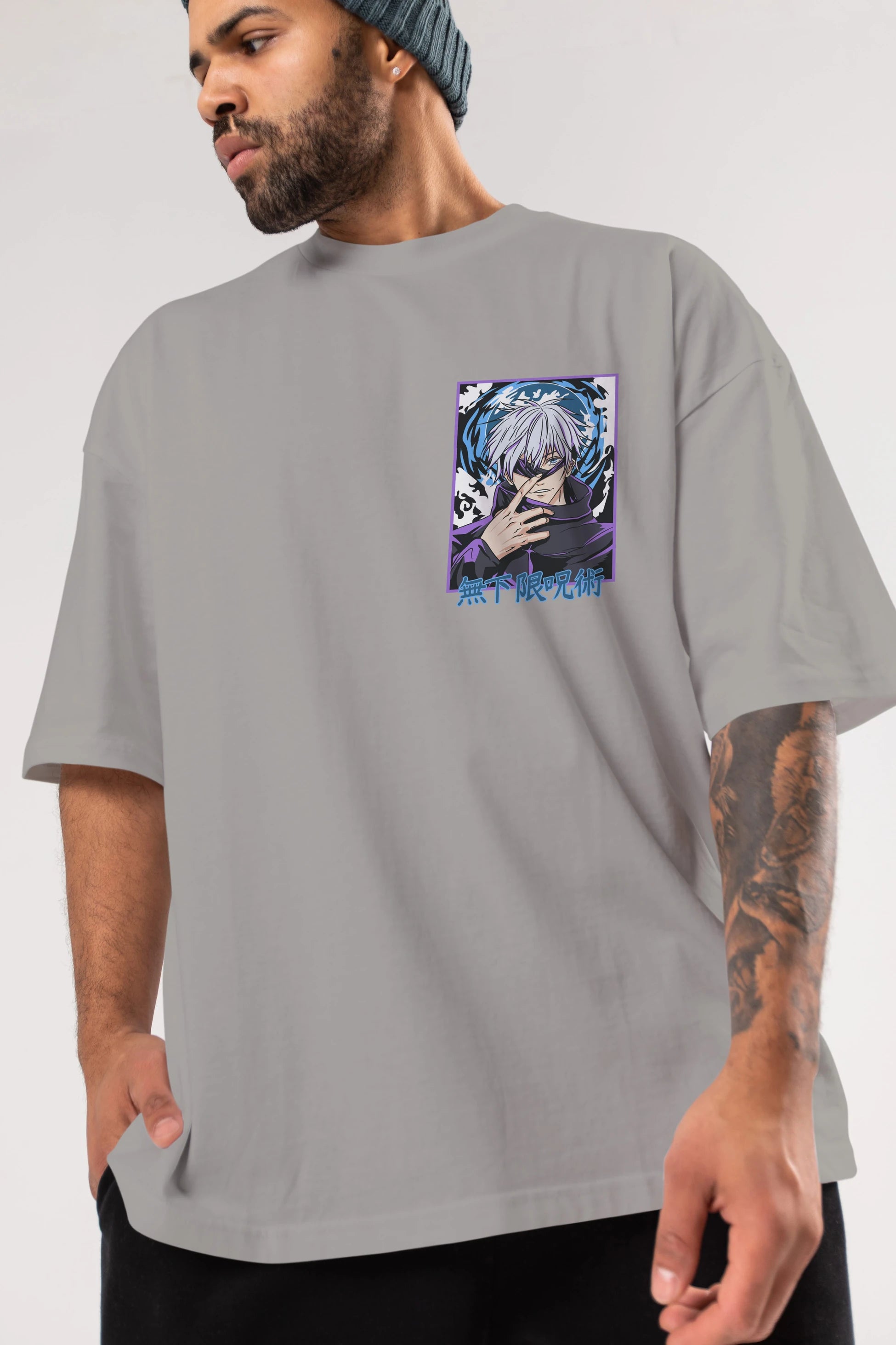 SATORU GOJO 3 Ön Sol Baskılı Oversize t-shirt Erkek Kadın Unisex %100 Pamuk Bisiklet Yaka tişort