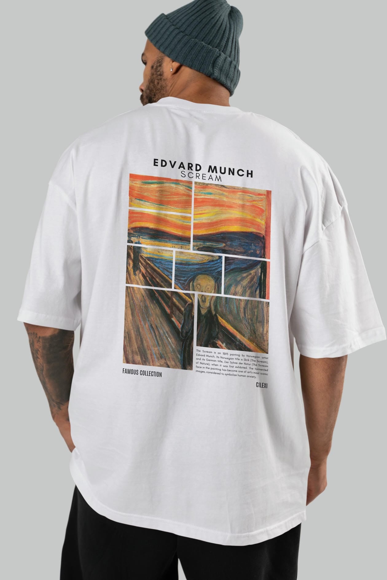 Edvard Munch Scream Arka Baskılı Oversize t-shirt Erkek Kadın Bisiklet Yaka Pamuk tişort