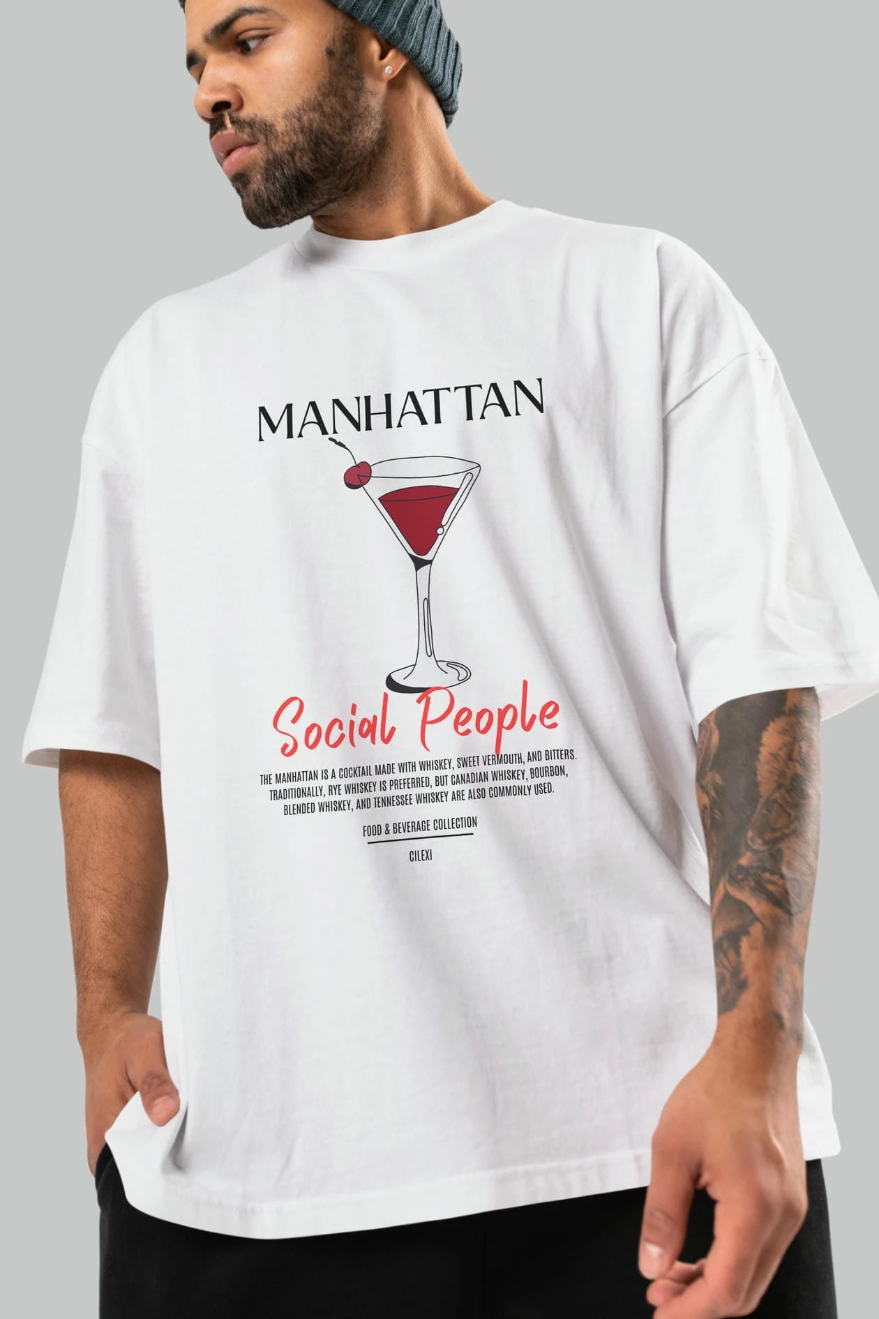 Manhattan Kokteyl Serisi ön Baskılı Oversize t-shirt Erkek Kadın %100 Pamuk Bisiklet Yaka tişort
