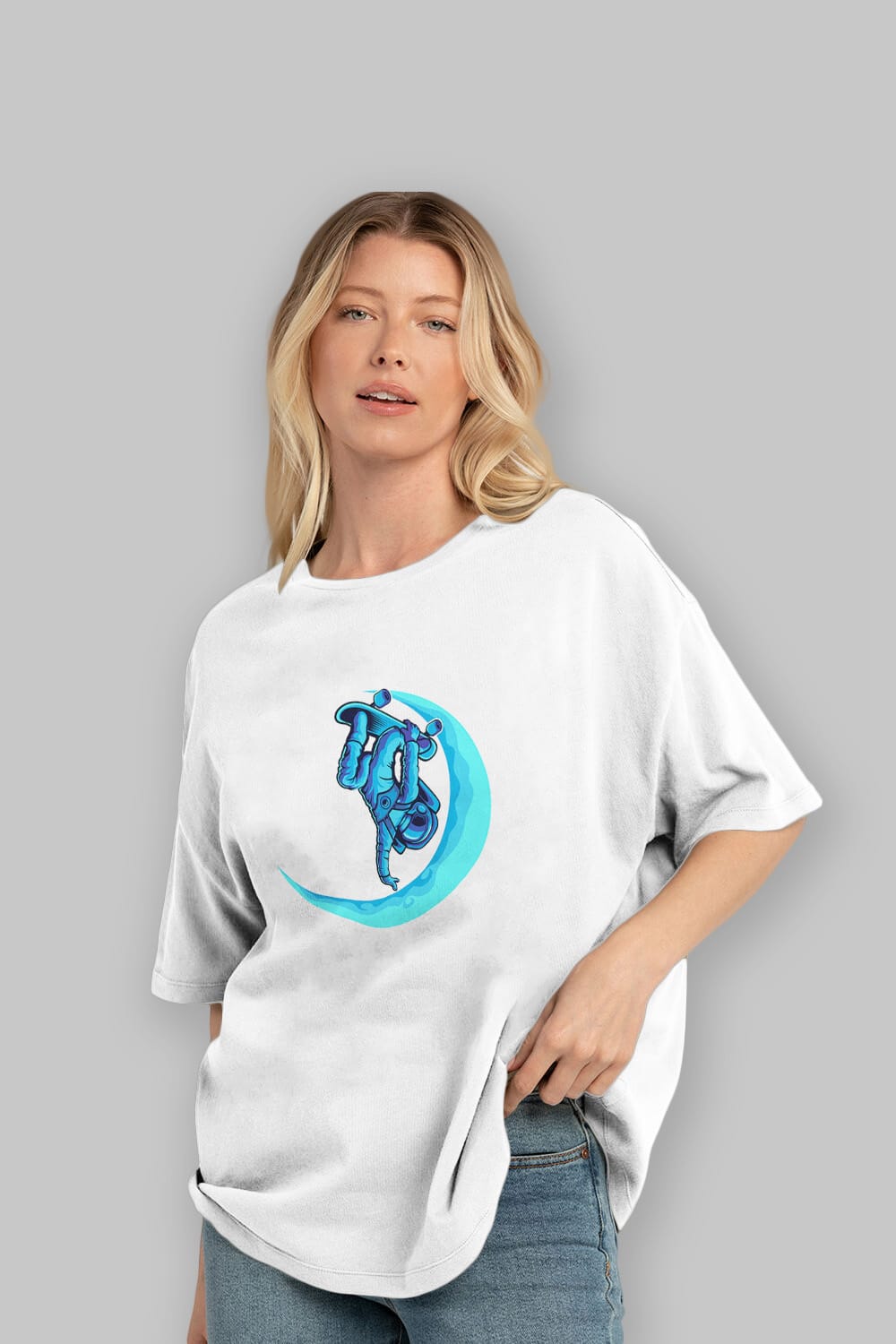 Skating on the moon sticker Ön Baskılı Oversize t-shirt Erkek Kadın Unisex