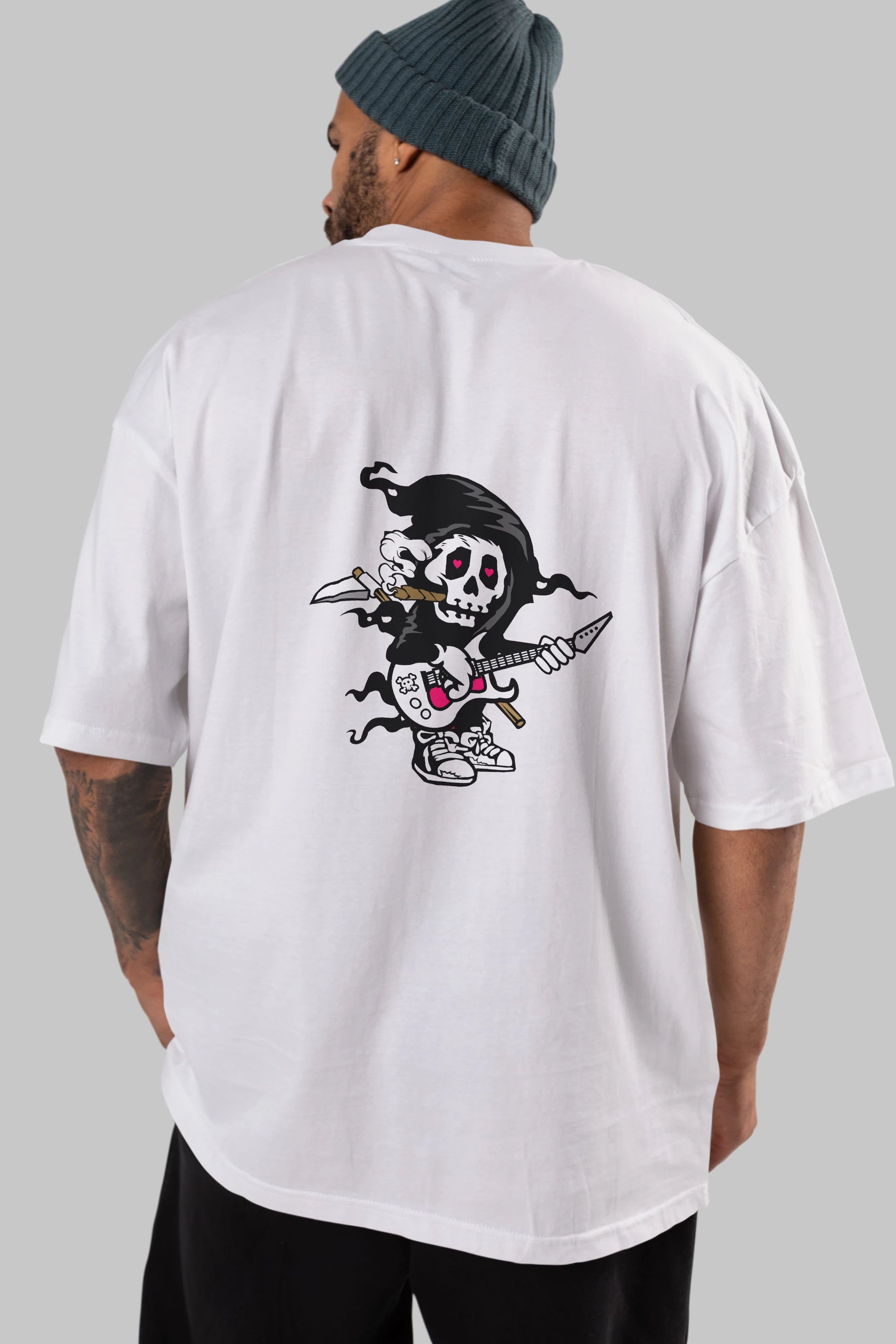 Grim Rockstar Arka Baskılı Oversize t-shirt Erkek Kadın Unisex %100 Pamuk tişort