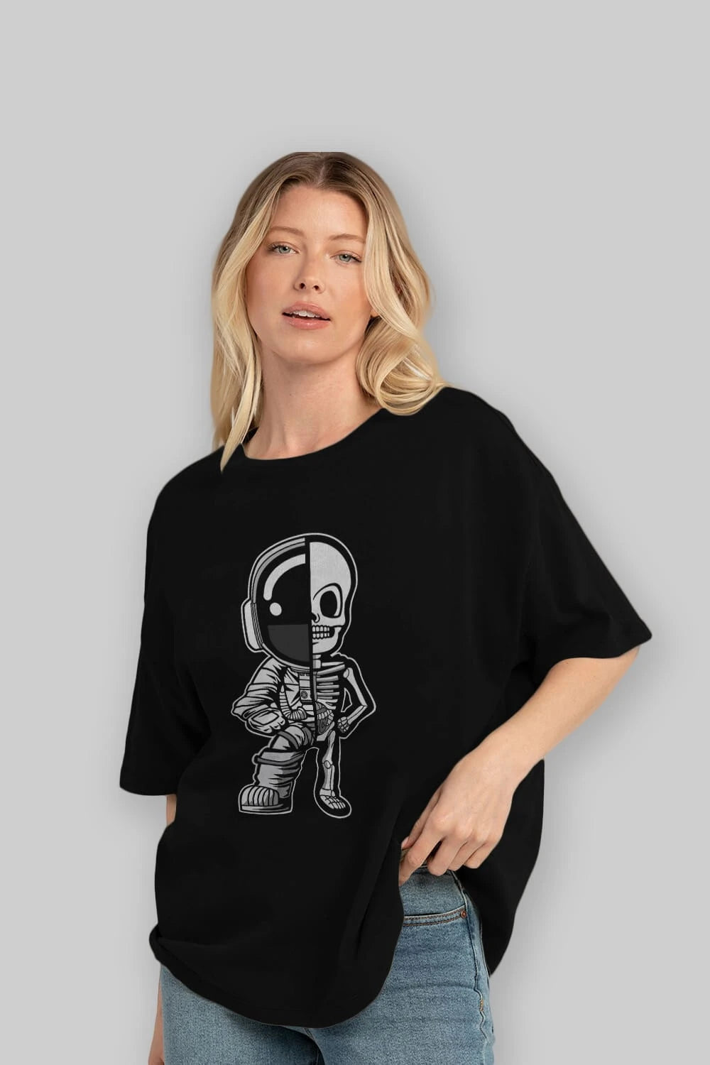 Astronaut Half Skeleton Ön Baskılı Oversize t-shirt Erkek Kadın Unisex