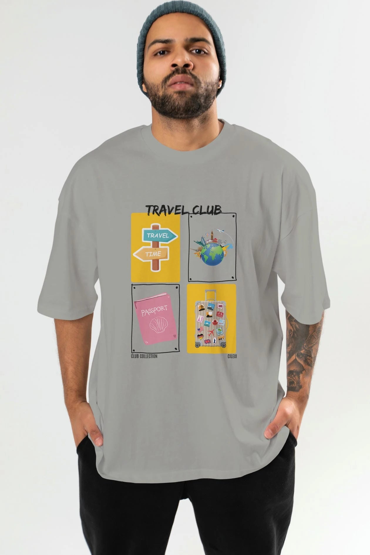 Travel Club ön Baskılı Oversize t-shirt Erkek Kadın %100 Pamuk Bisiklet Yaka tişort