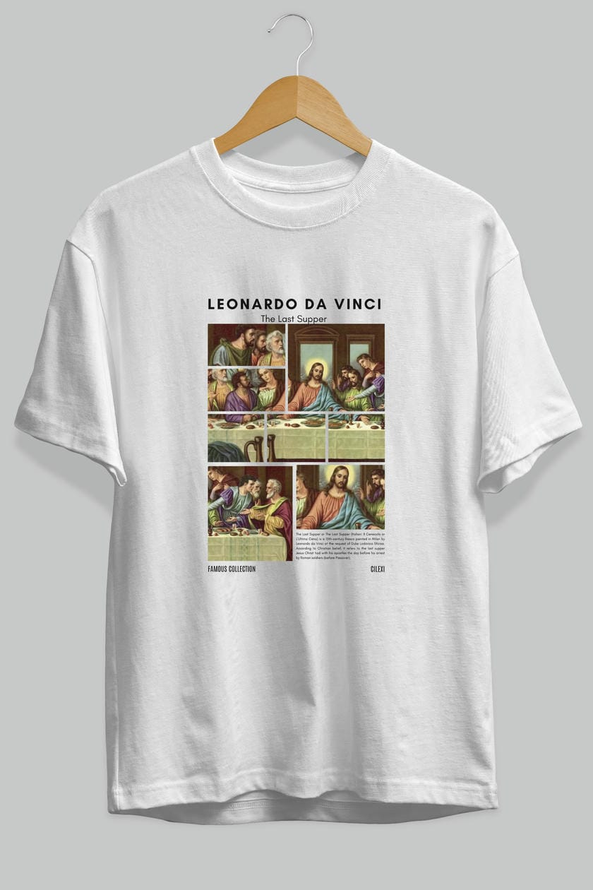 Leonardo Da Vinci ön Baskılı Oversize t-shirt Erkek Kadın Bisiklet Yaka Pamuk tişort