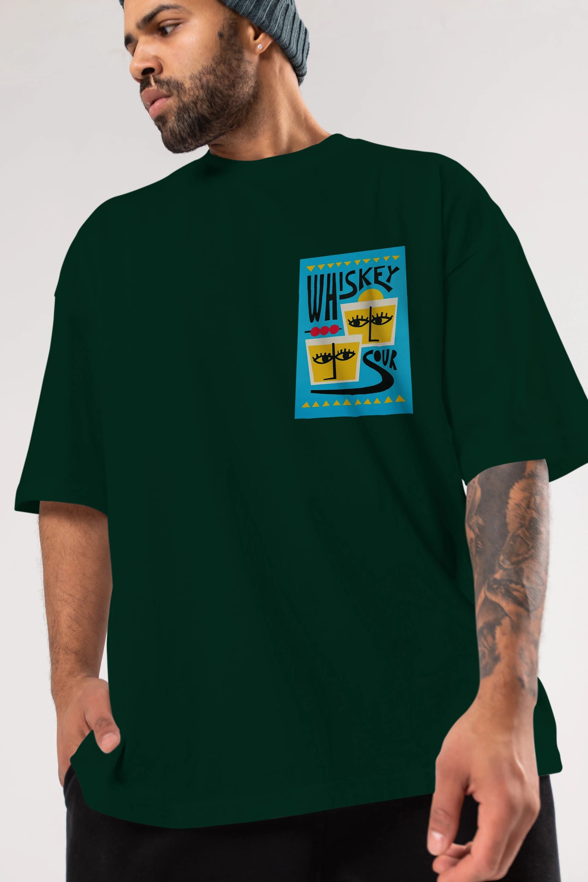 Whiskey Sour 2 Ön Sol Baskılı Oversize t-shirt Erkek Kadın Unisex %100 Pamuk Bisiklet Yaka tişort