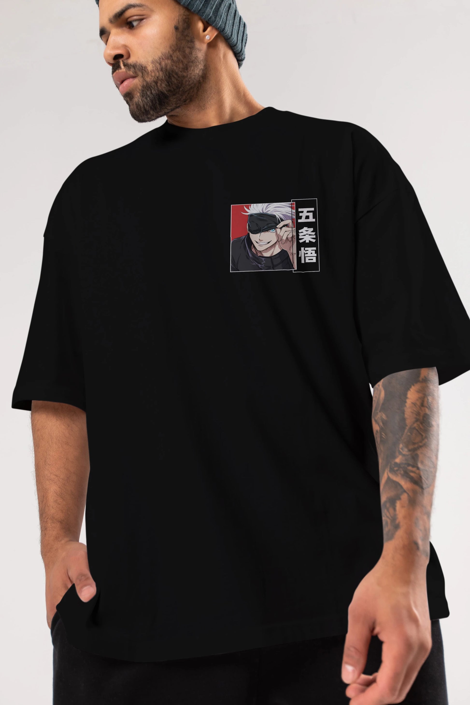 JUJUTSU KAISEN Ön Sol Baskılı Oversize t-shirt Erkek Kadın Unisex %100 Pamuk Bisiklet Yaka tişort