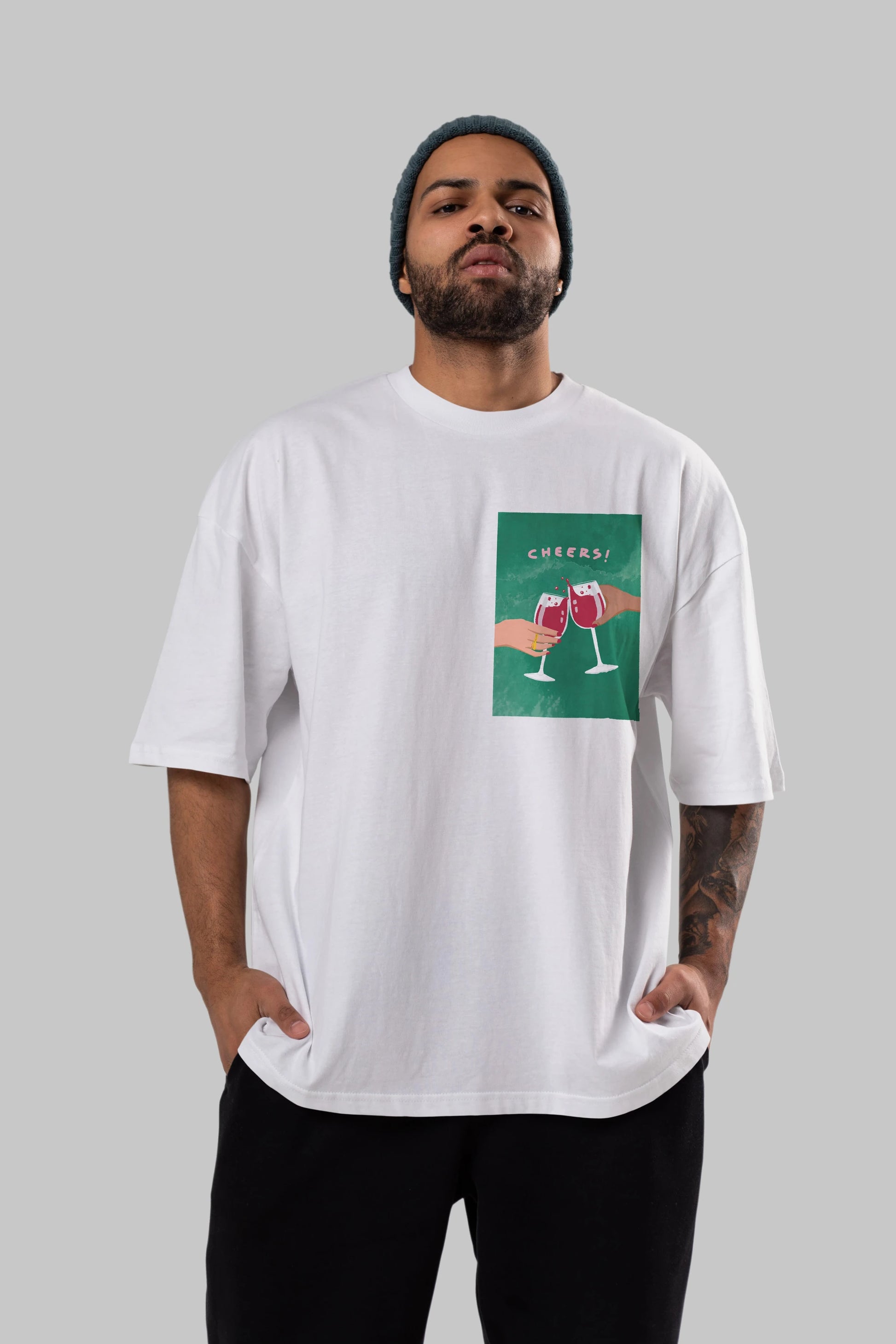 Cheers Ön Sol Baskılı Oversize t-shirt Erkek Kadın Unisex %100 Pamuk Bisiklet Yaka tişort
